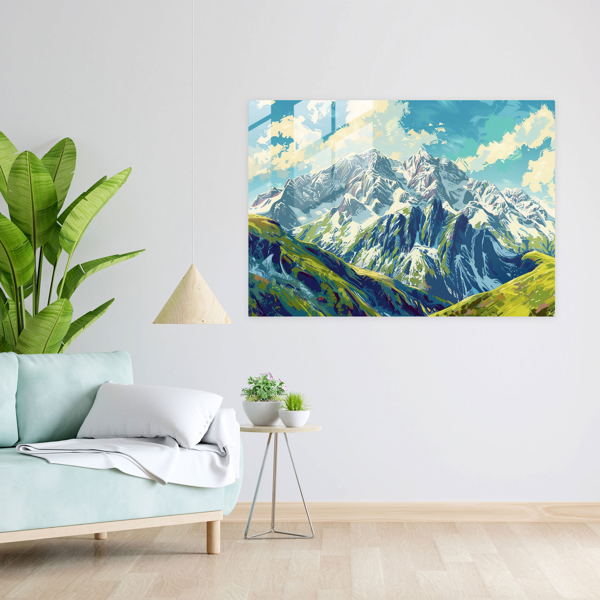 Pointillism Glass Print - Snowy Mountain Landscape - Pointillism, Glass Wall Art, Snowy Peaks, Glass Print