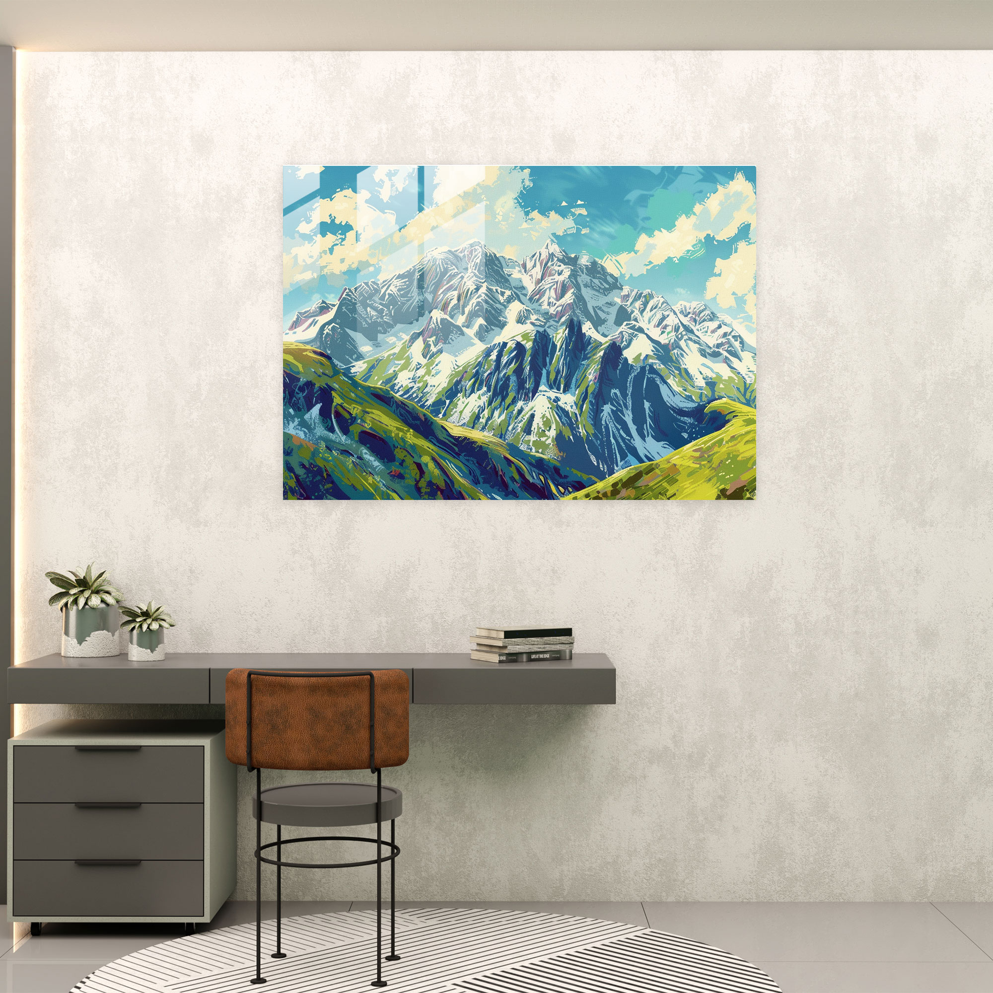Pointillism Glass Print - Snowy Mountain Landscape - Pointillism, Glass Wall Art, Snowy Peaks, Glass Print