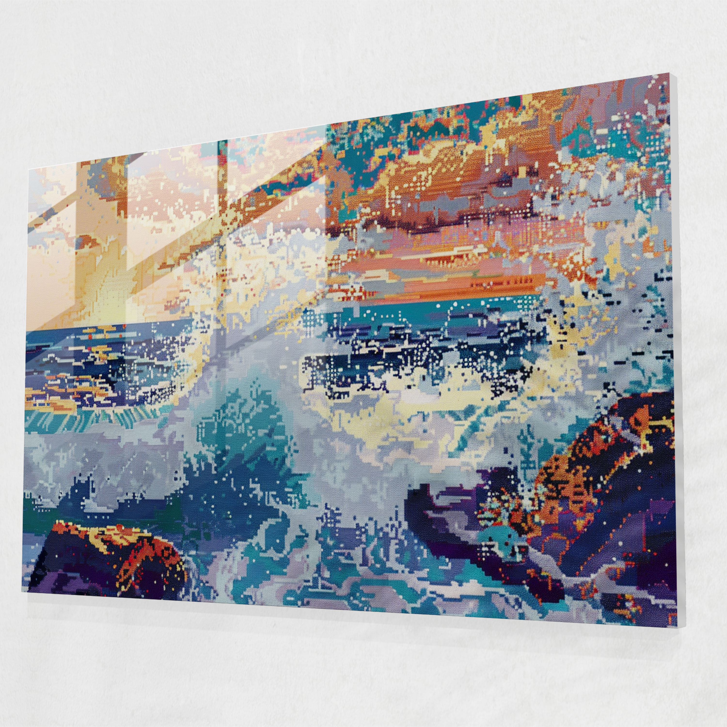 Pointillism Glass Print - Crashing Waves Seascape - Pointillism, Home Decoration, Crashing Waves, Glass Print