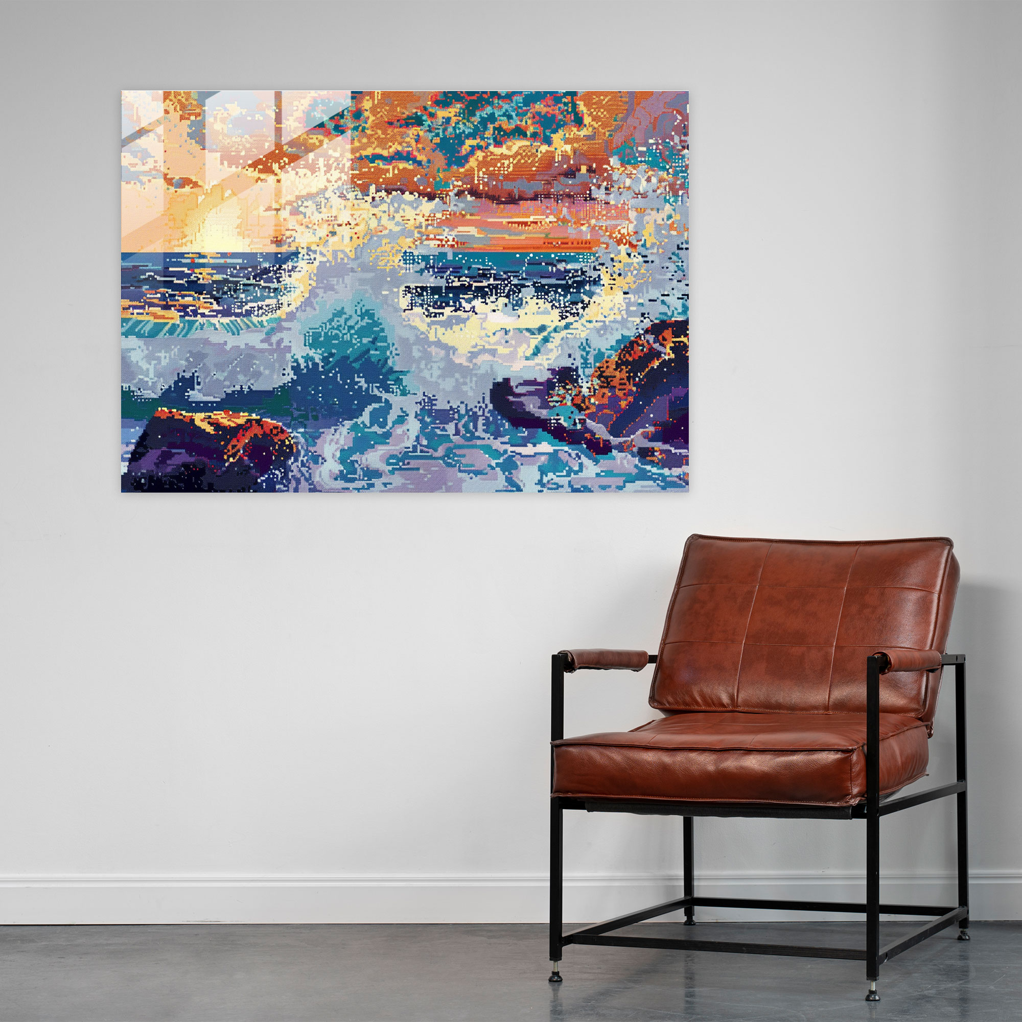 Pointillism Glass Print - Crashing Waves Seascape - Pointillism, Home Decoration, Crashing Waves, Glass Print