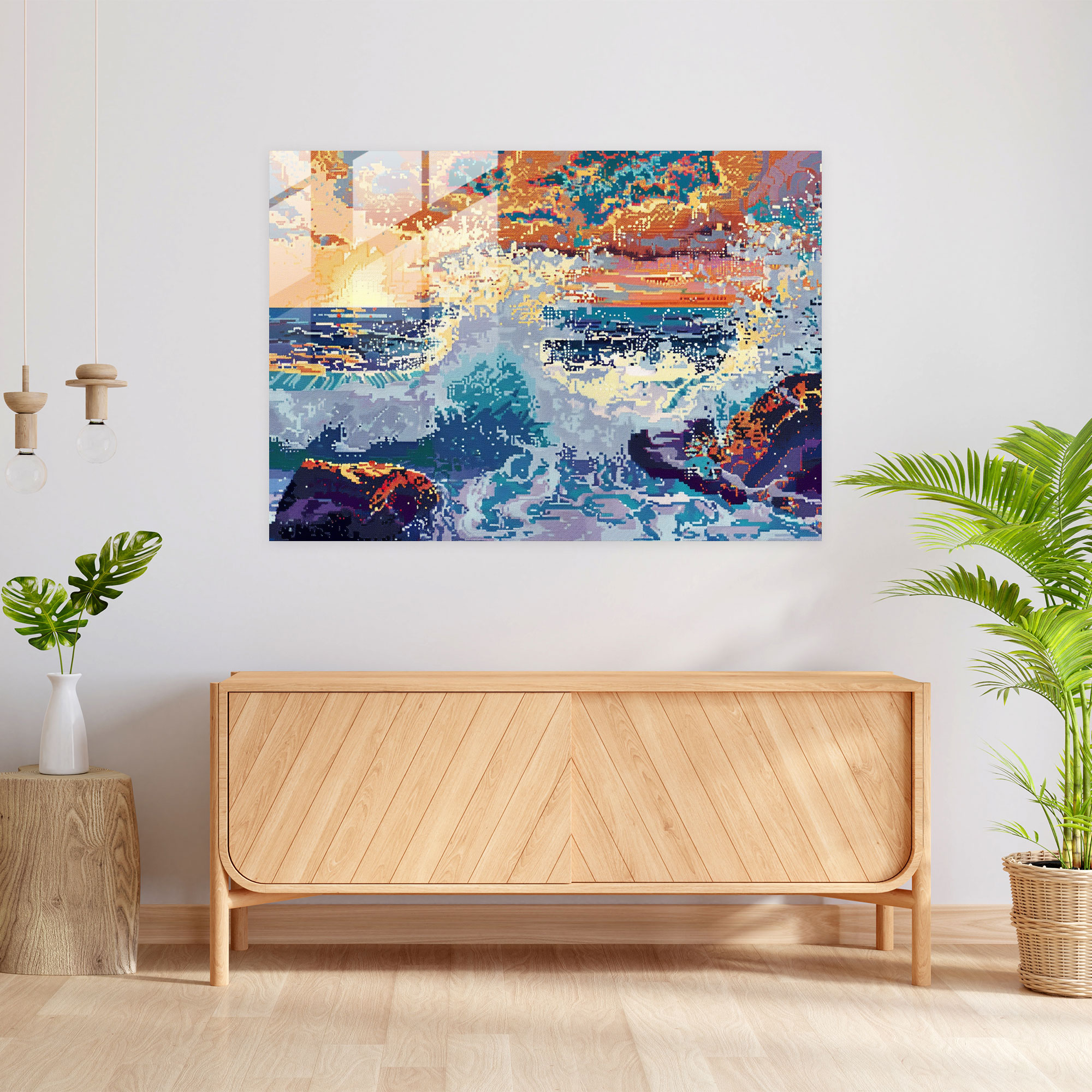 Pointillism Glass Print - Crashing Waves Seascape - Pointillism, Home Decoration, Crashing Waves, Glass Print