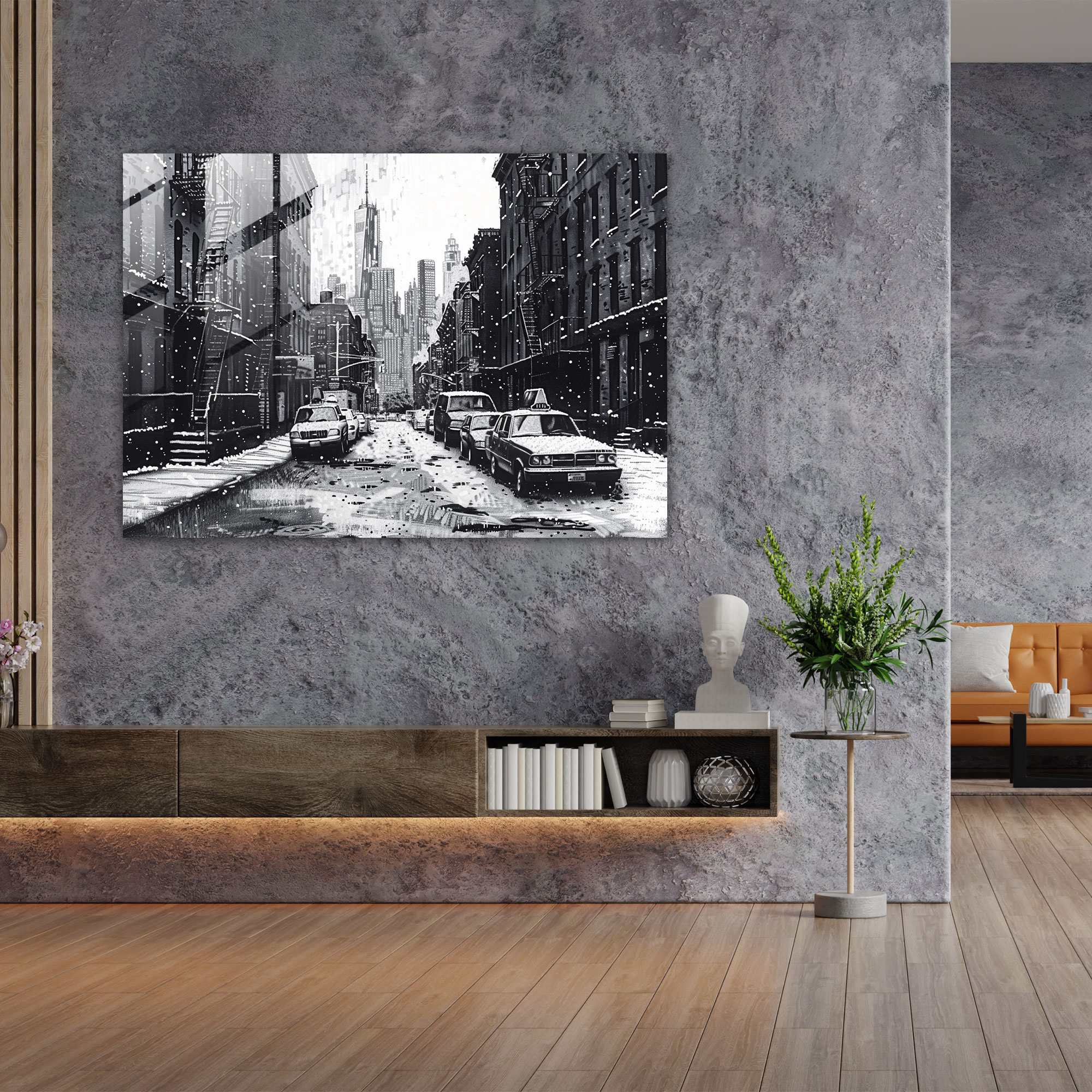 Pointillism Glass Print - City Street Scene - Pointillism, Modern Art, Wall Decoration, Glass Wall Art