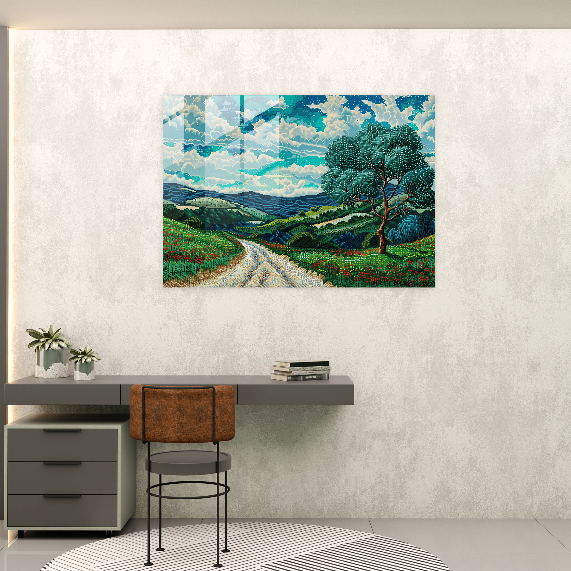 Pointillism Glass Print Serene Landscape Scene - Pointillism, Glass Print, Pointillism, Modern Art