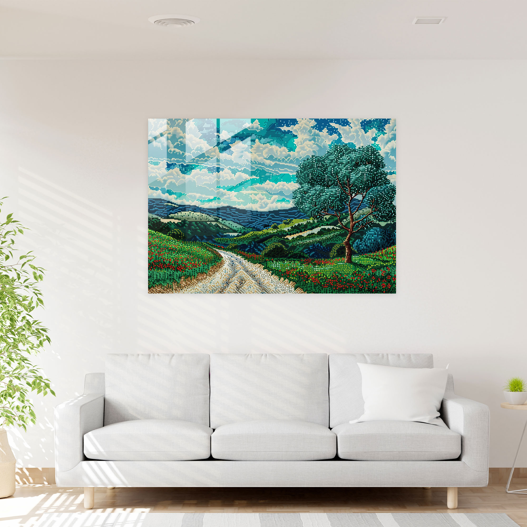 Pointillism Glass Print Serene Landscape Scene - Pointillism, Glass Print, Pointillism, Modern Art