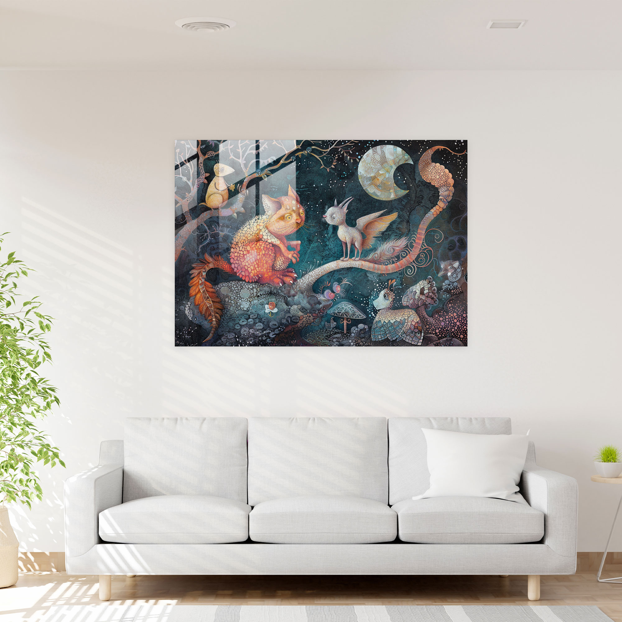 Pointillism Glass Print Whimsical Animal Characters - Pointillism, Whimsical Animals, Glass Art, Playful Composition