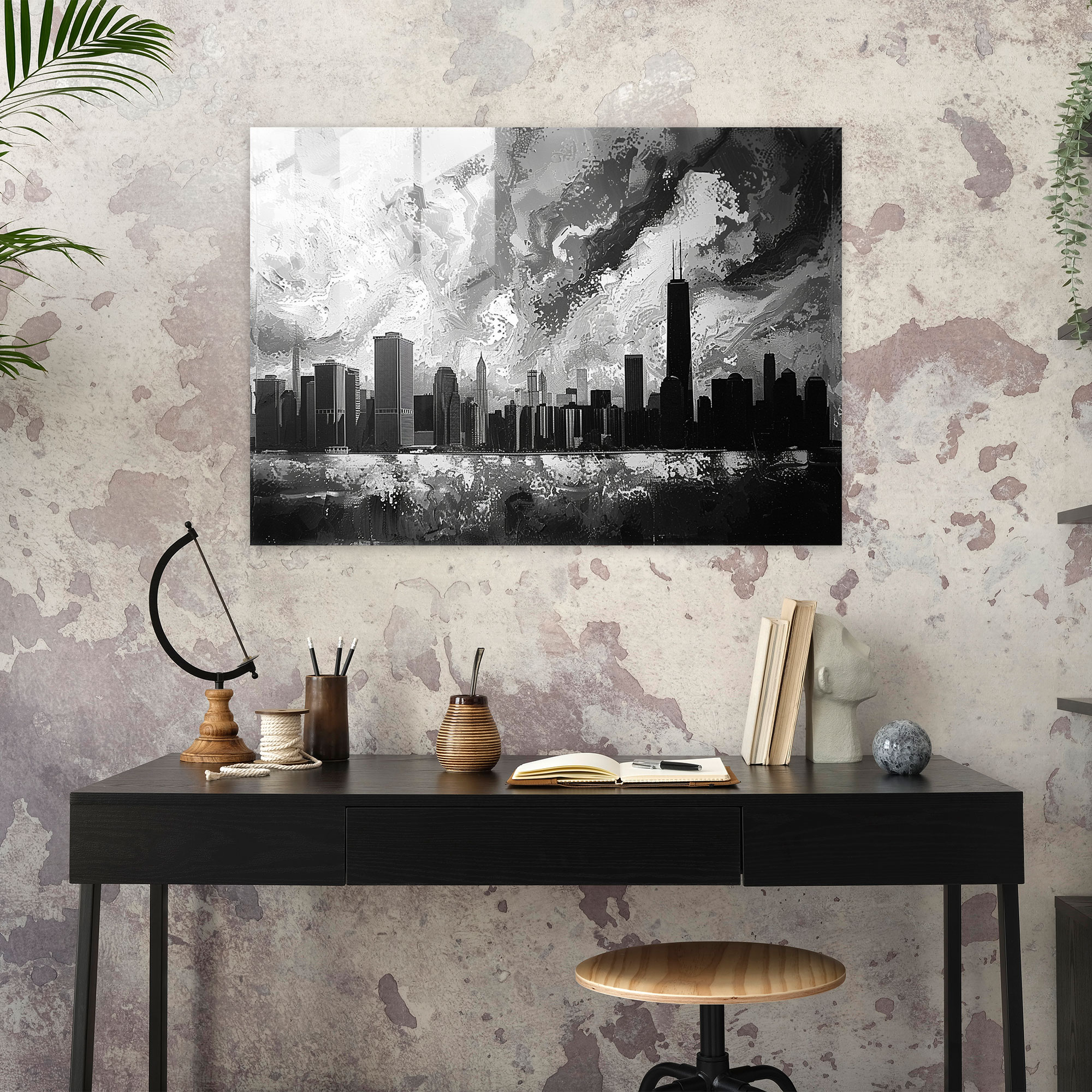 Pointillism Glass Wall Art Cityscape Skyline - Pointillism, Urban Sophistication, Glass Wall Art, Home Decoration