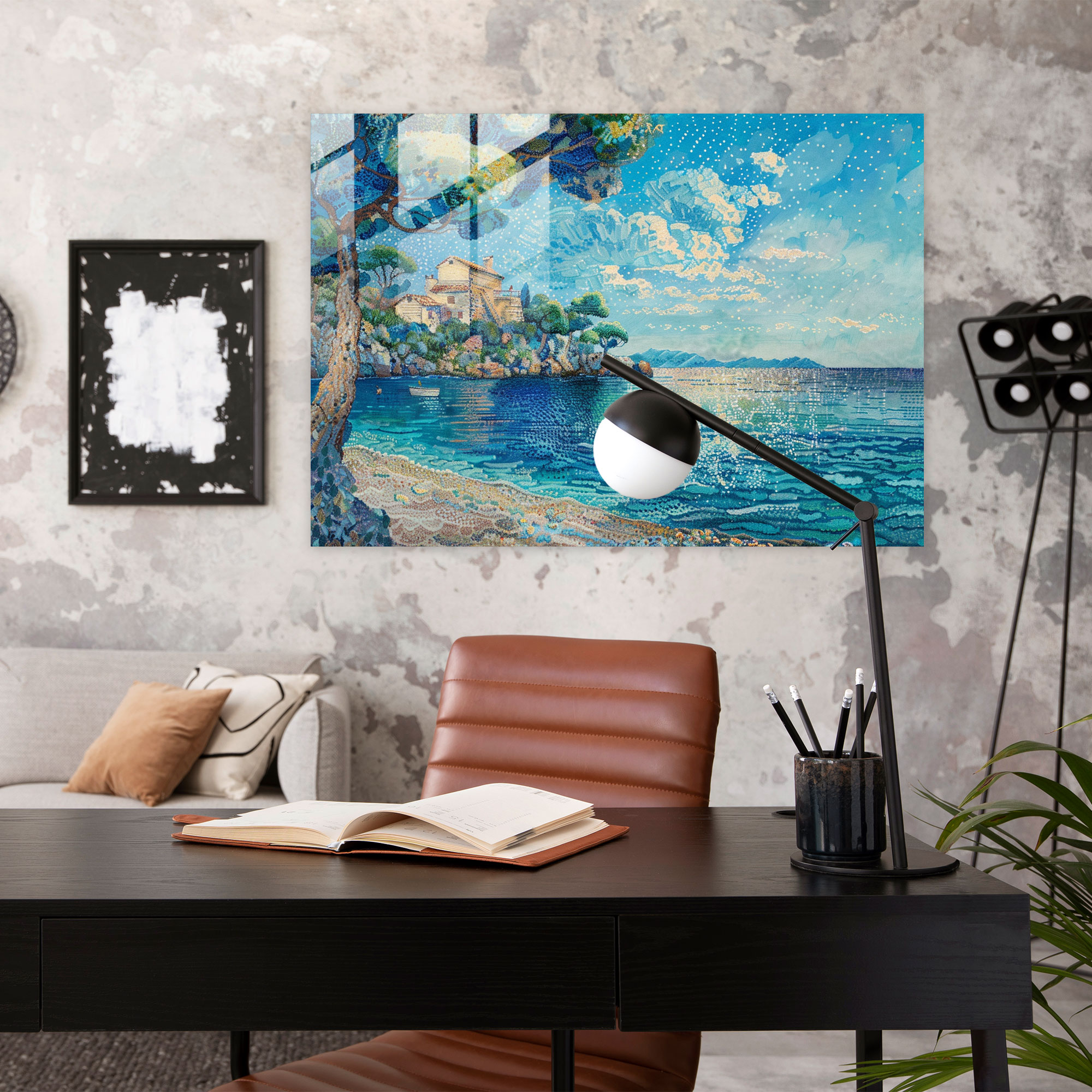 Pointillism Glass Print Dreamy Seascape View - Pointillism, Tranquil Setting, Wall Decoration, Modern Art