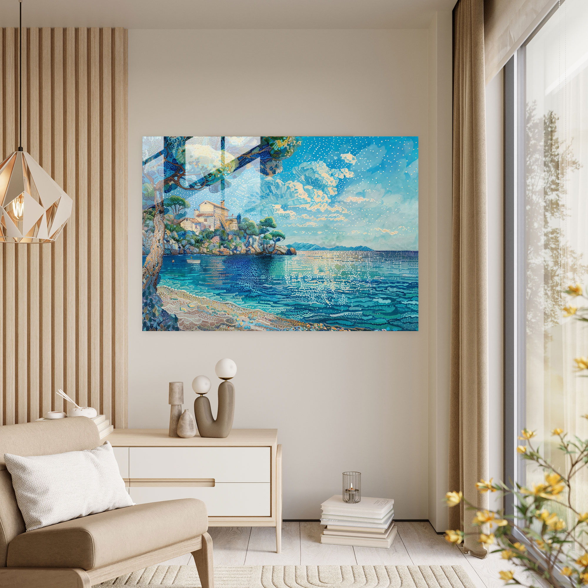 Pointillism Glass Print Dreamy Seascape View - Pointillism, Tranquil Setting, Wall Decoration, Modern Art