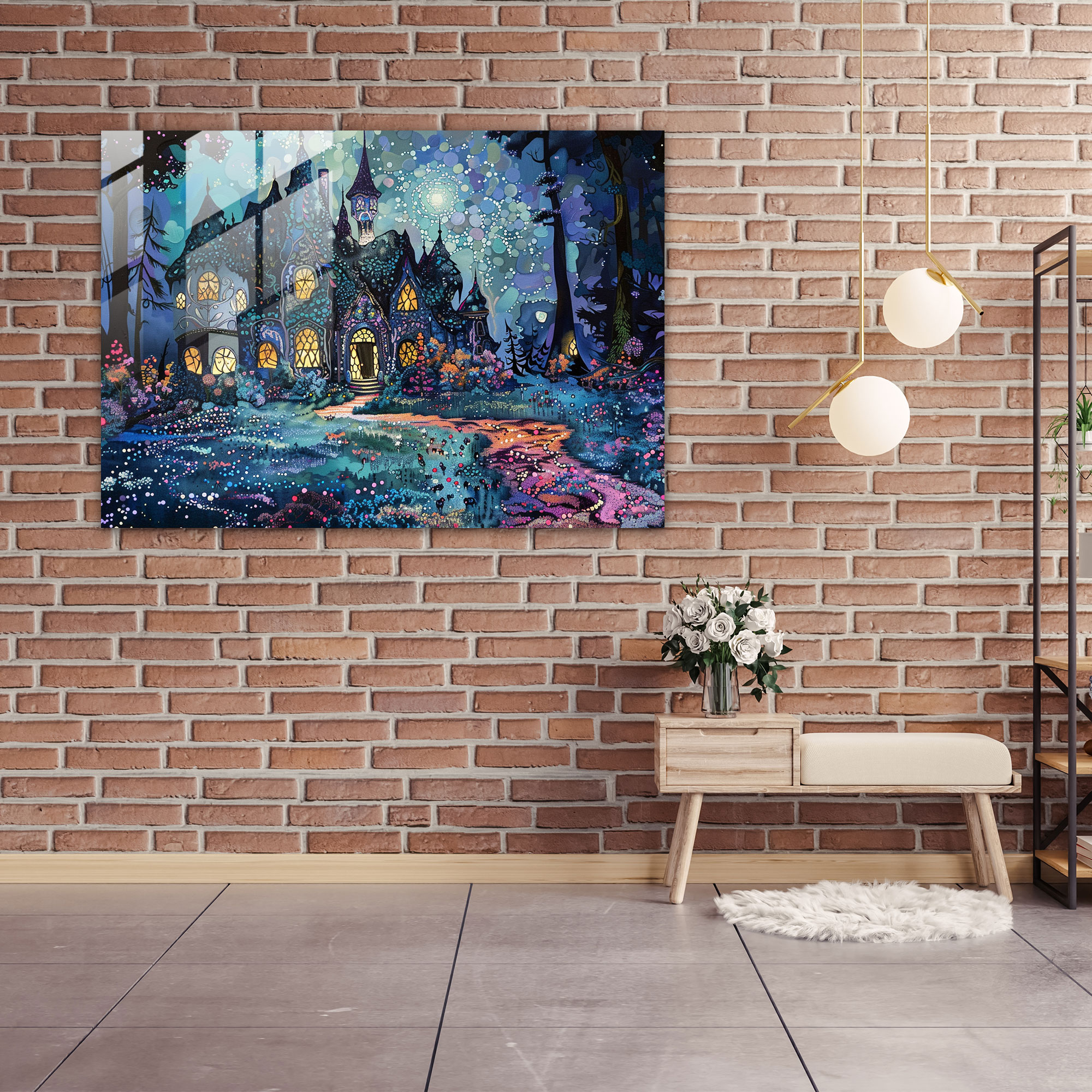 Pointillism Glass Print Whimsical Fairytale Scene - Pointillism, Home Decoration, Glass Wall Art, Wall Decoration