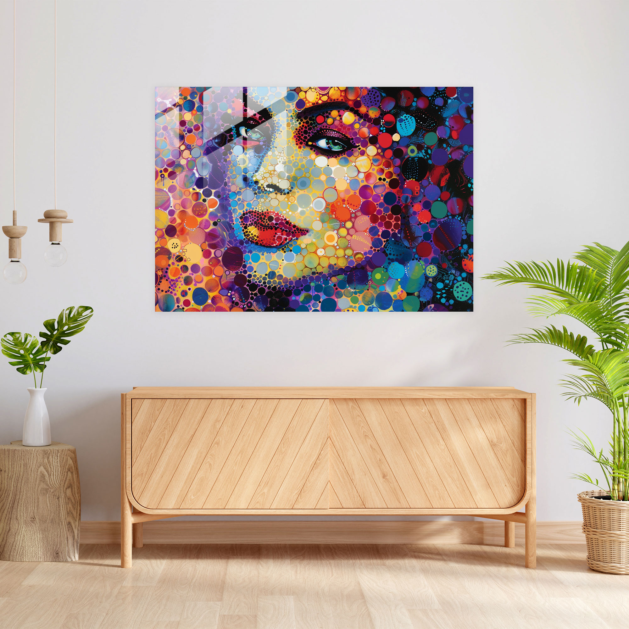 Pointillism Portrait Glass Print - Pointillism, Portrait, Glass Wall Art, Woman