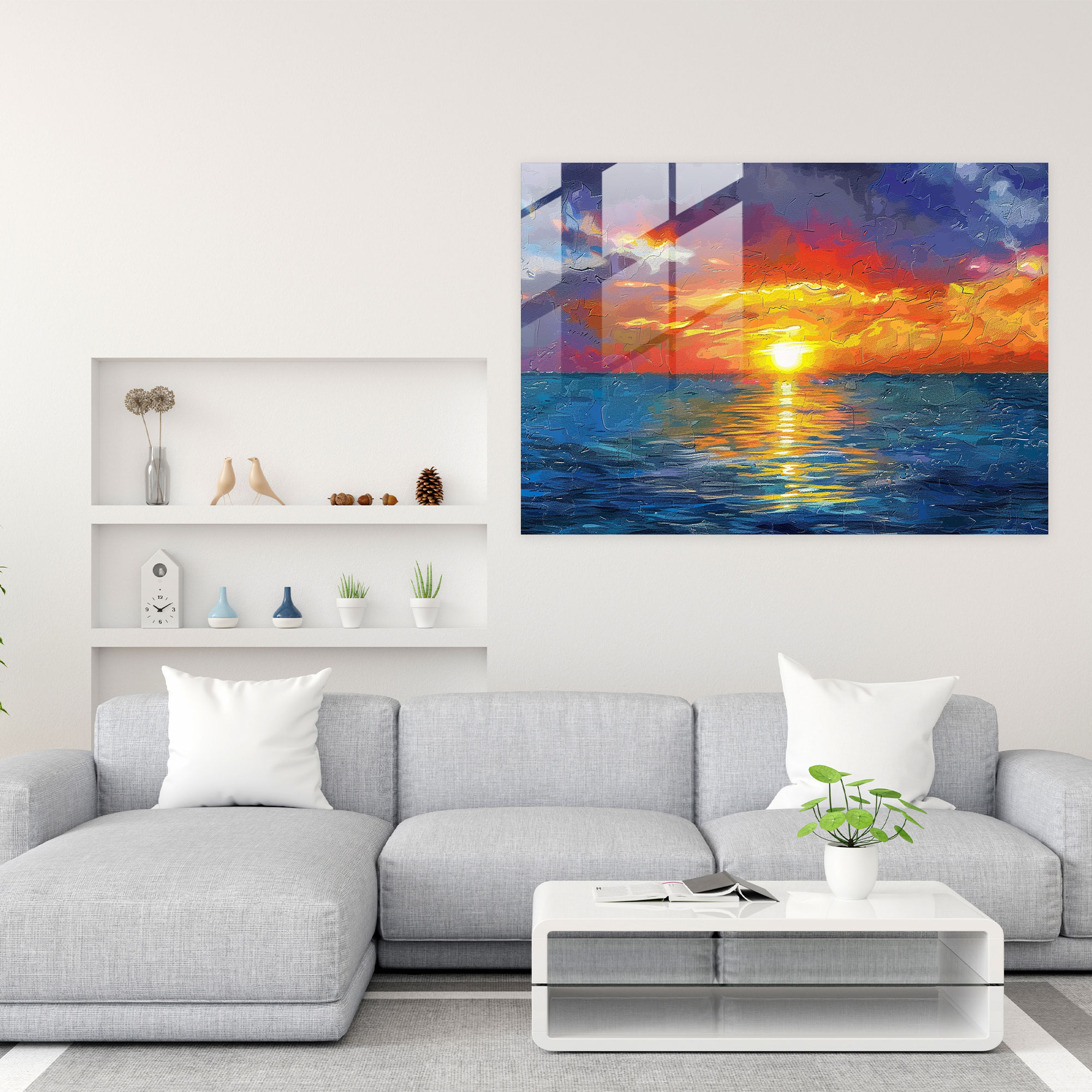 Pointillism Sunset Glass Print - Pointillism, Ocean, Glass Print, Pointillism
