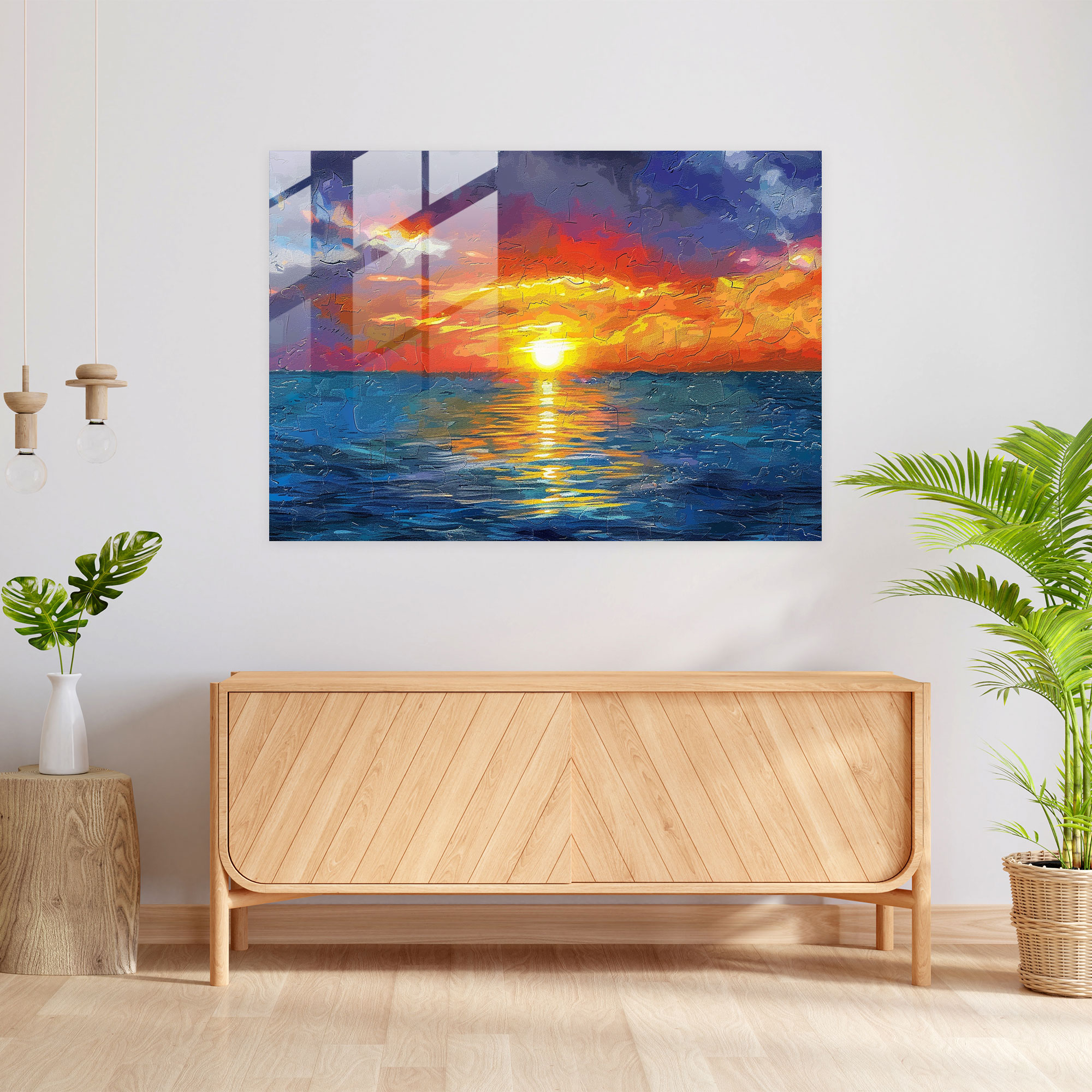 Pointillism Sunset Glass Print - Pointillism, Ocean, Glass Print, Pointillism