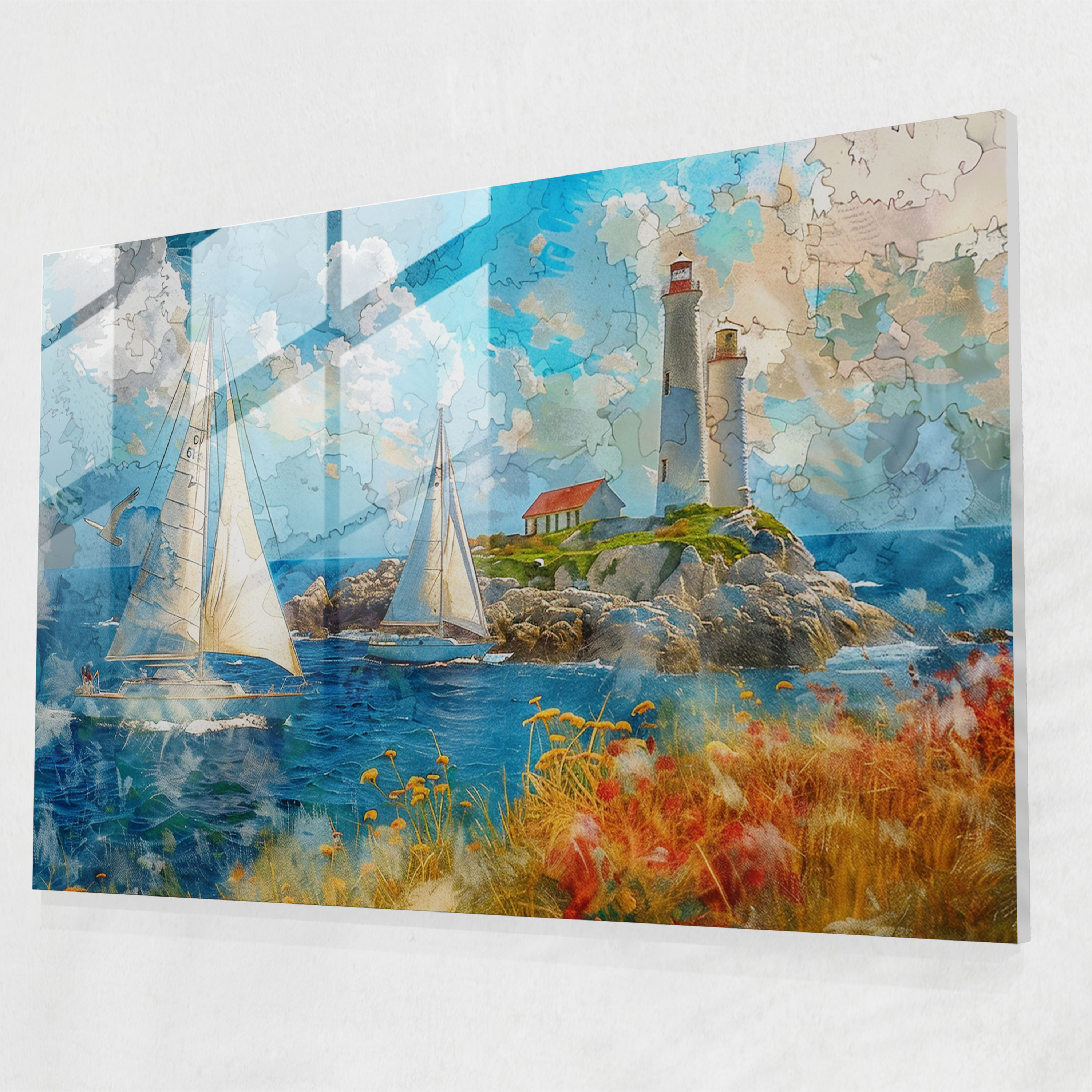Pointillism Seaside Glass Print - Pointillism, Glass Print, Glass Art, Wall Decoration