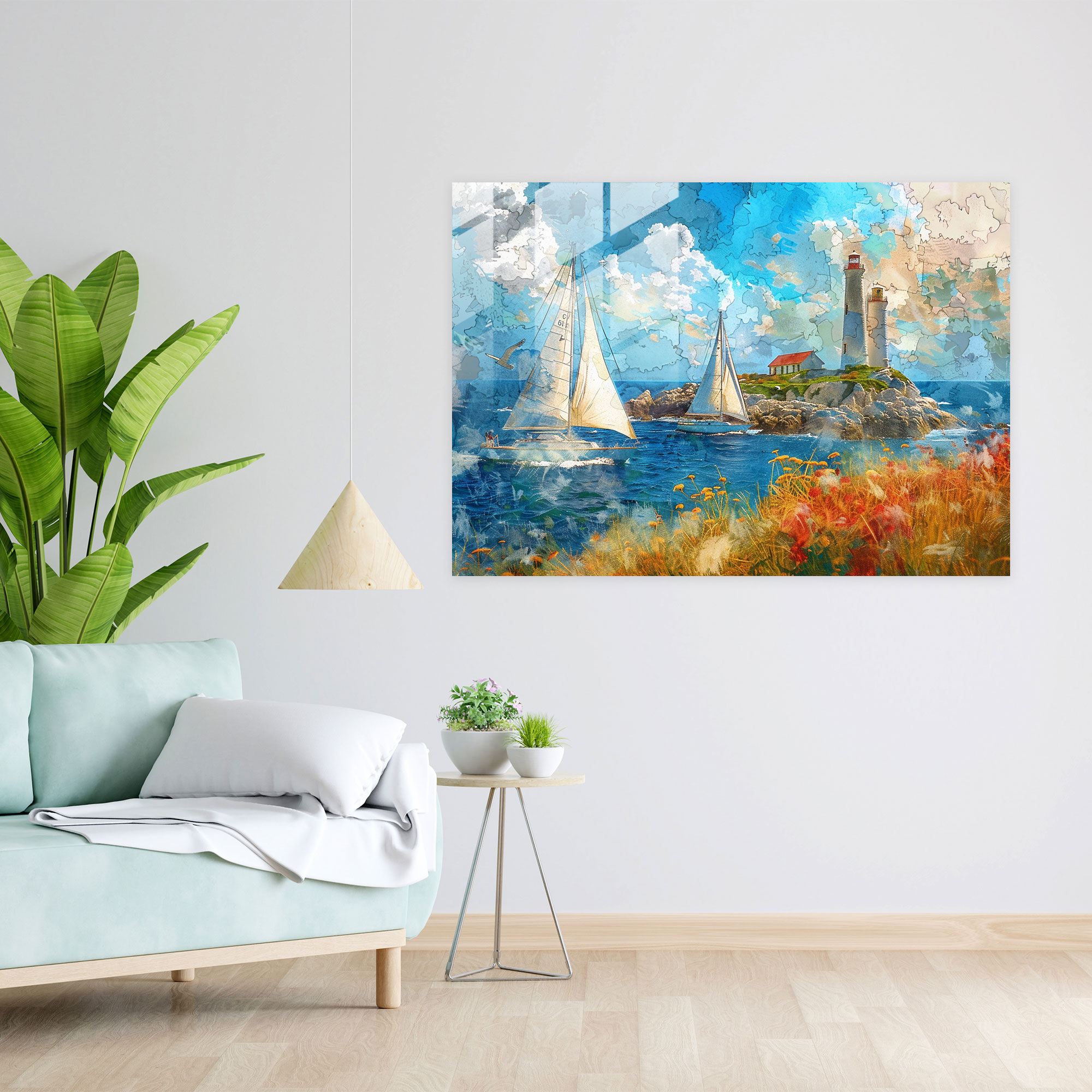 Pointillism Seaside Glass Print - Pointillism, Glass Print, Glass Art, Wall Decoration