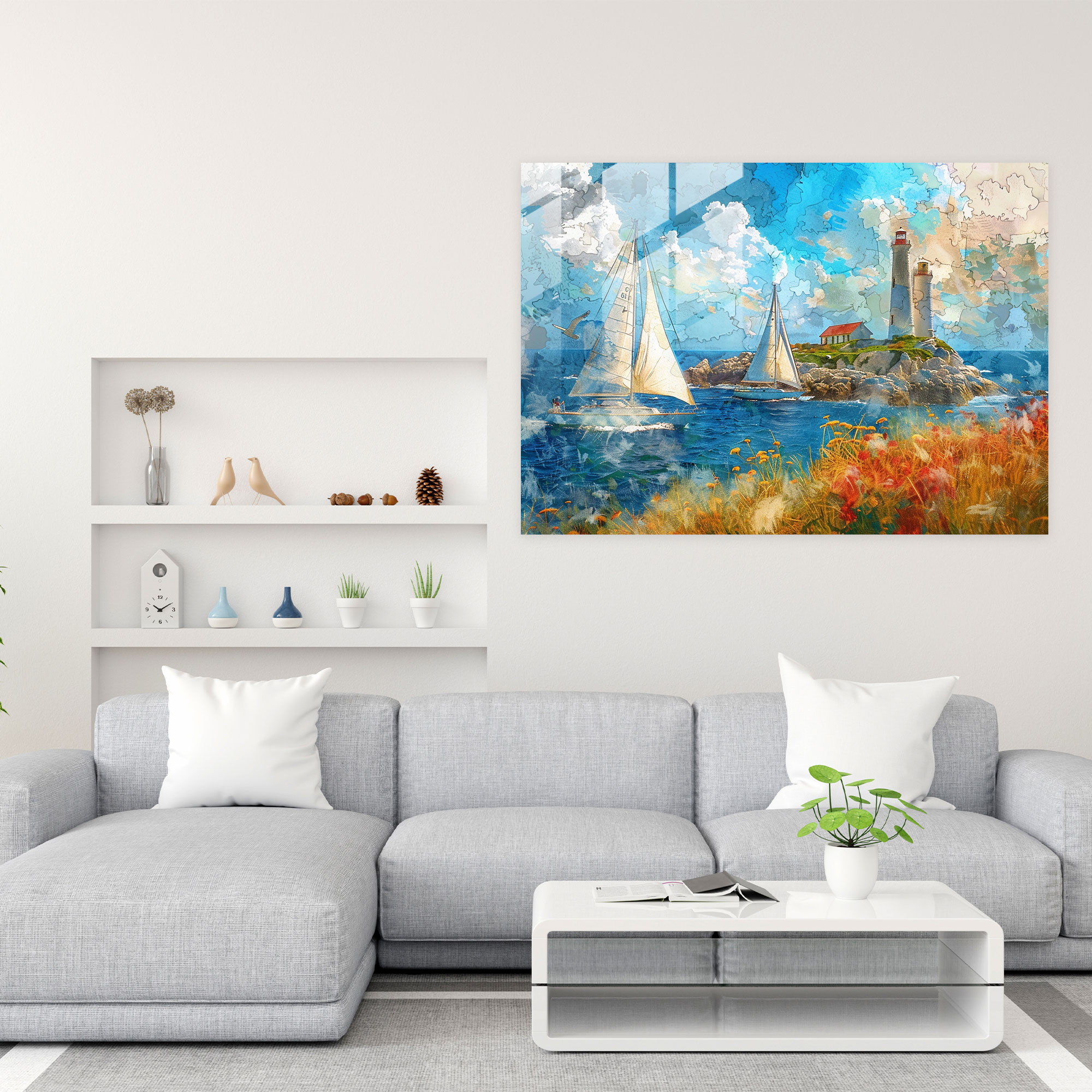 Pointillism Seaside Glass Print - Pointillism, Glass Print, Glass Art, Wall Decoration