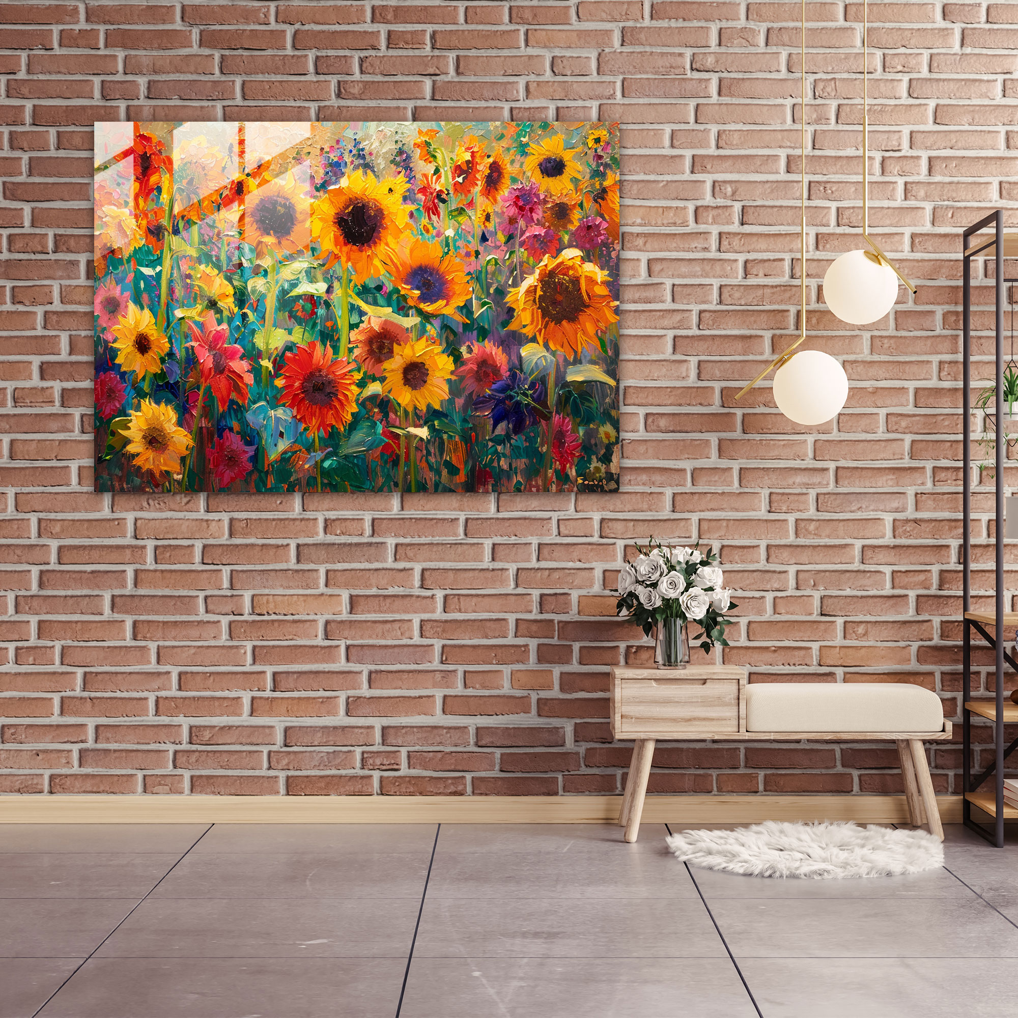 Sunflower Field Glass Wall Art - Post-Impressionism, Post-Impressionism, Modern Art, Glass Wall Art