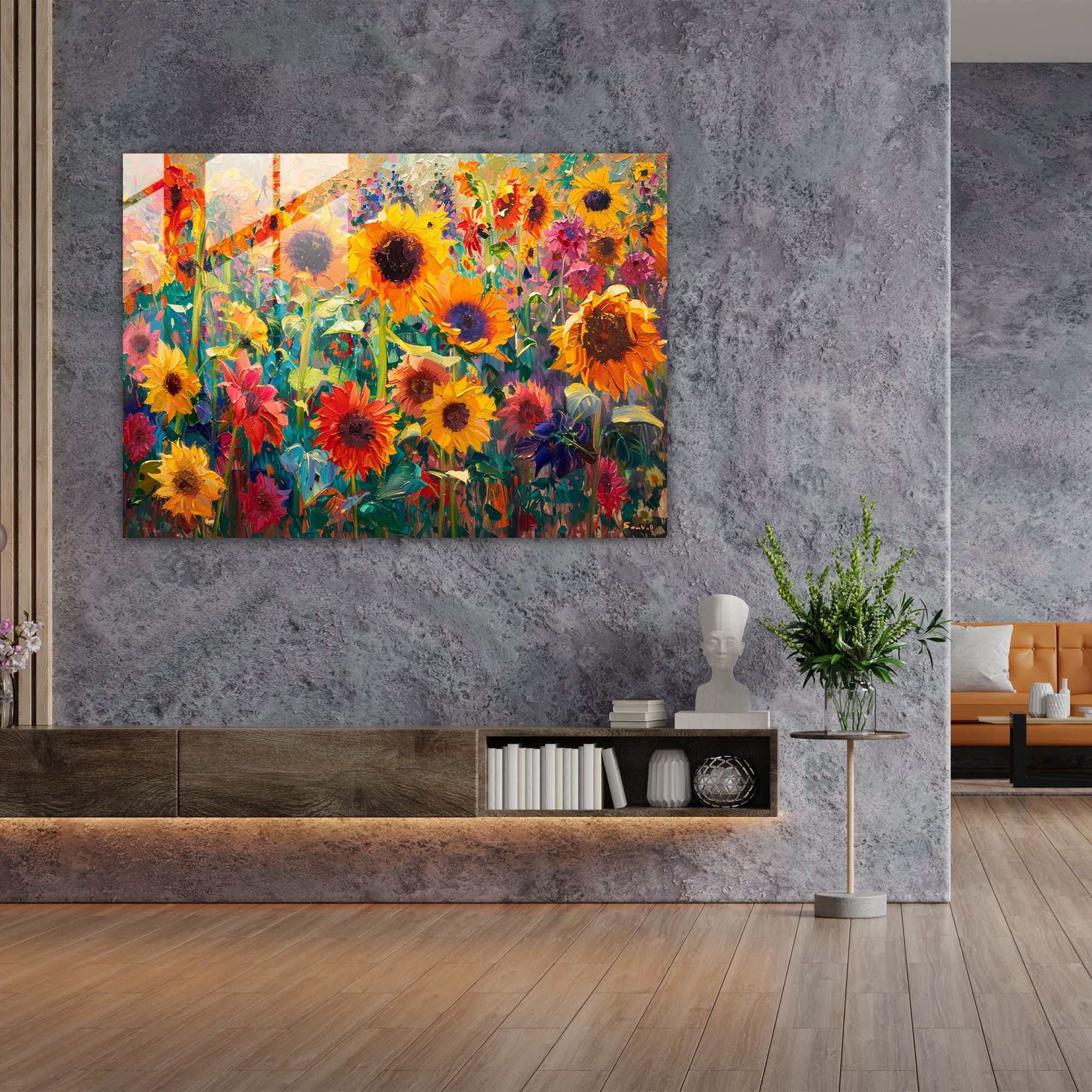 Sunflower Field Glass Wall Art - Post-Impressionism, Post-Impressionism, Modern Art, Glass Wall Art