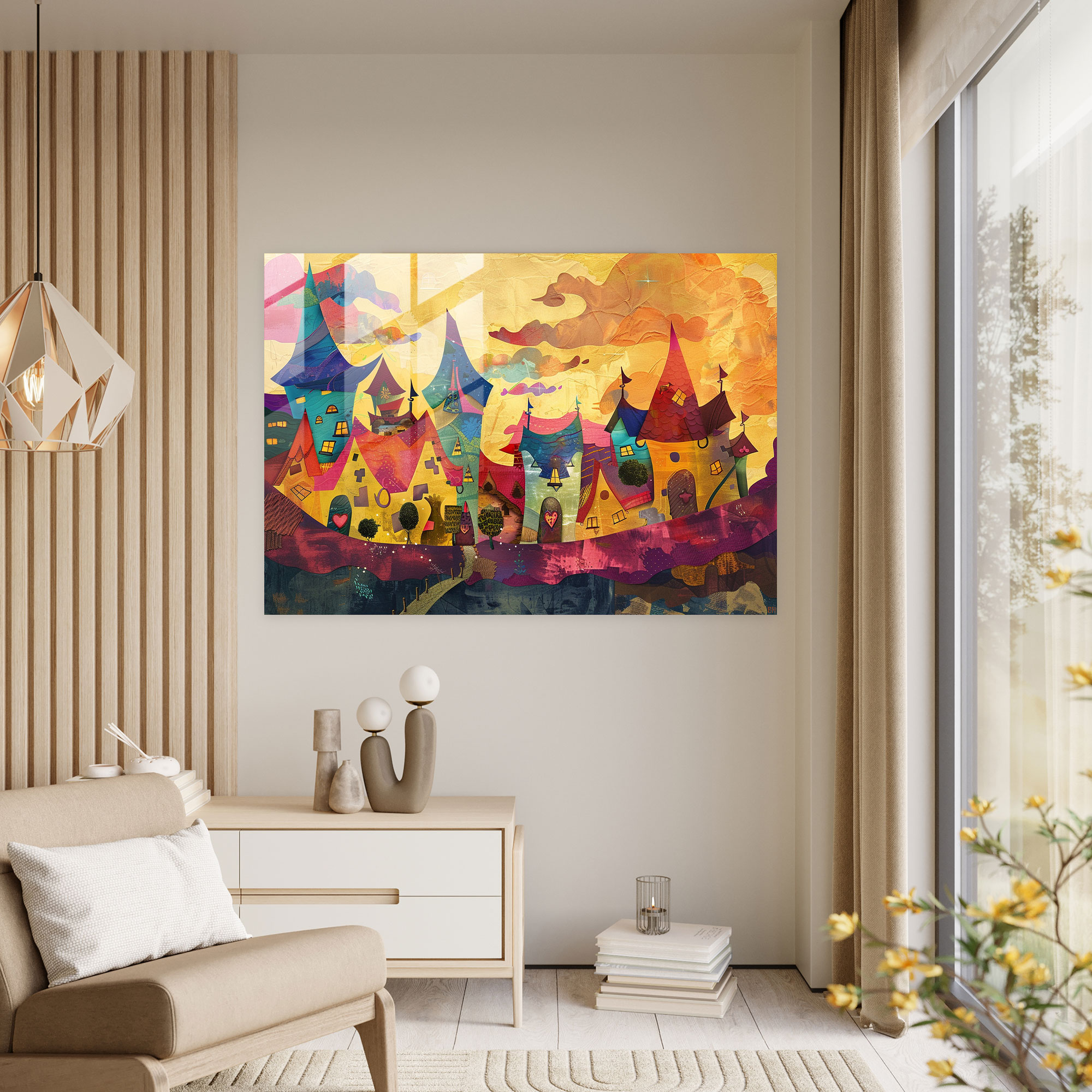 Post-Impressionism Modern Art: Whimsical Village Scene - Post-Impressionism, Glass Art, Glass Wall Art, Glass Print