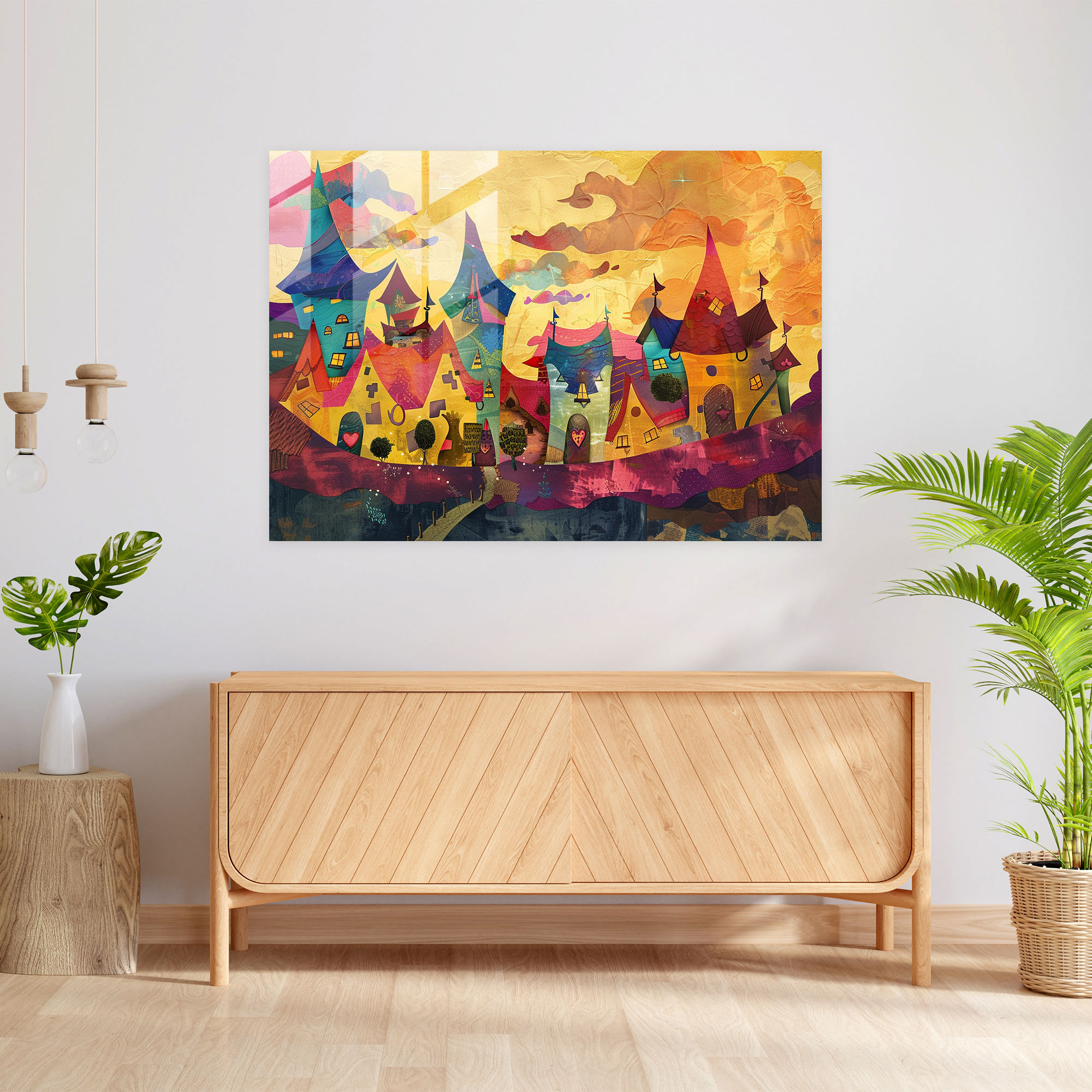 Post-Impressionism Modern Art: Whimsical Village Scene - Post-Impressionism, Glass Art, Glass Wall Art, Glass Print
