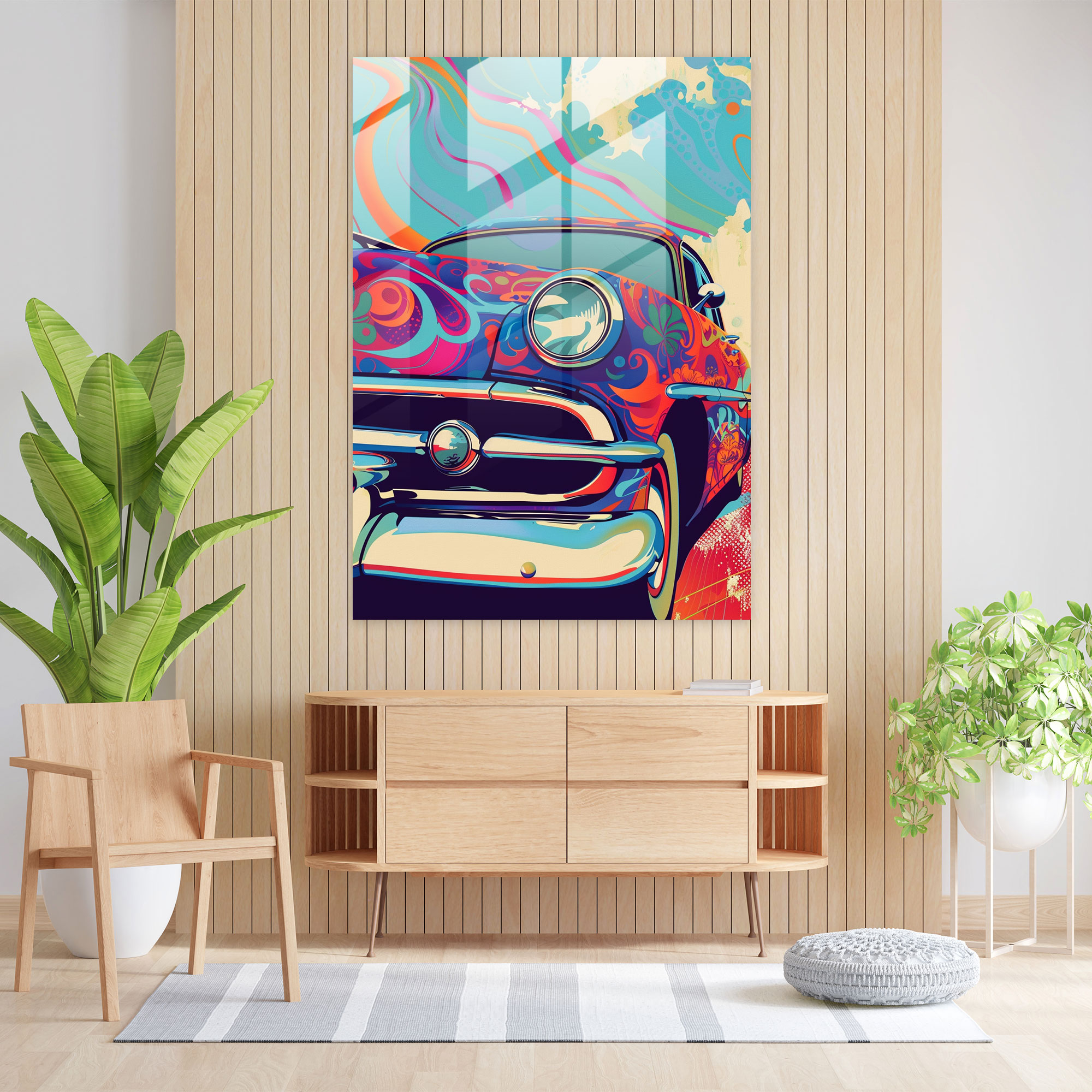 Popart Style Glass Print - Popart, Retro Car, Psychedelic Patterns, Home Decoration