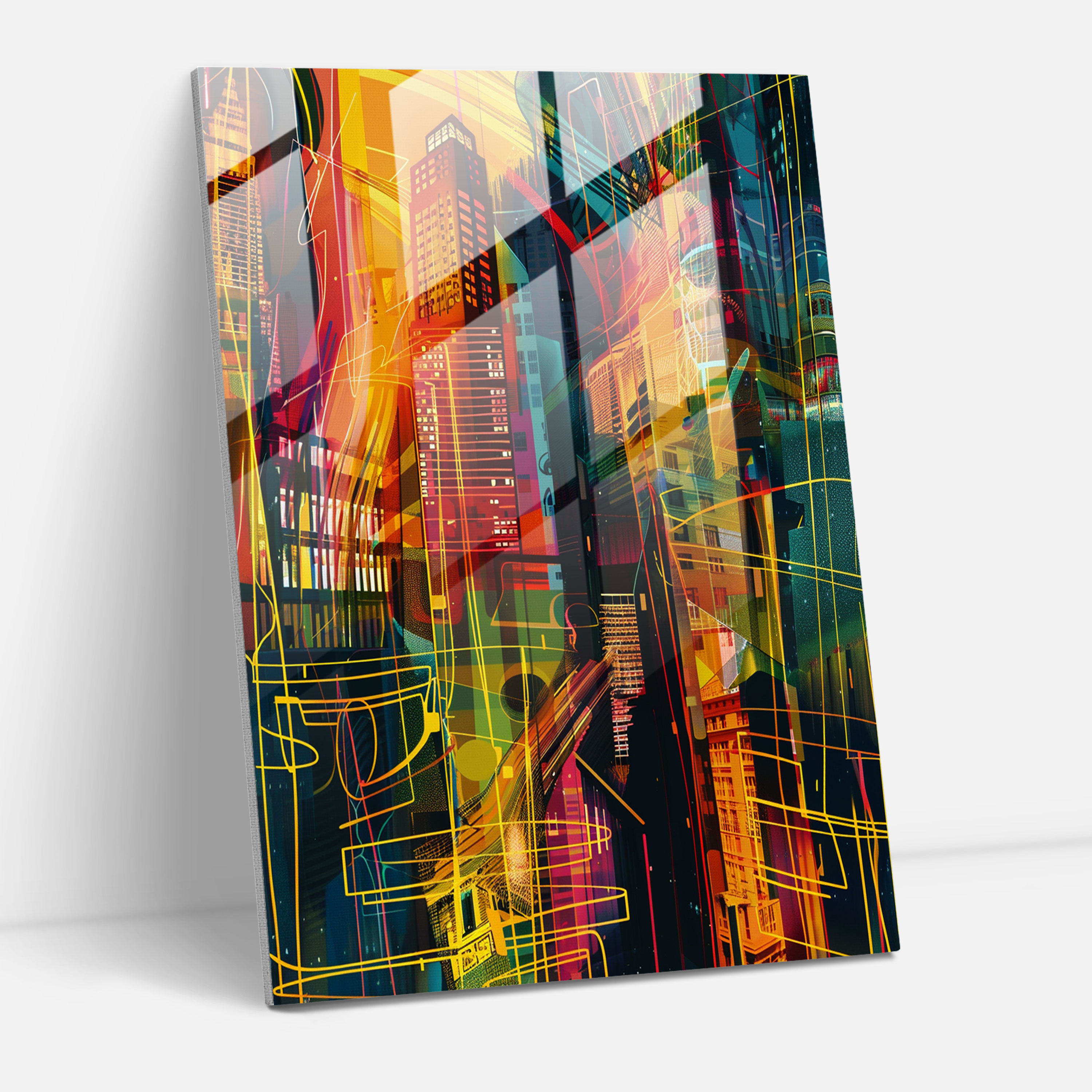 Popart Style Glass Art - Popart, Lines, Glass Print, Abstract Cityscape
