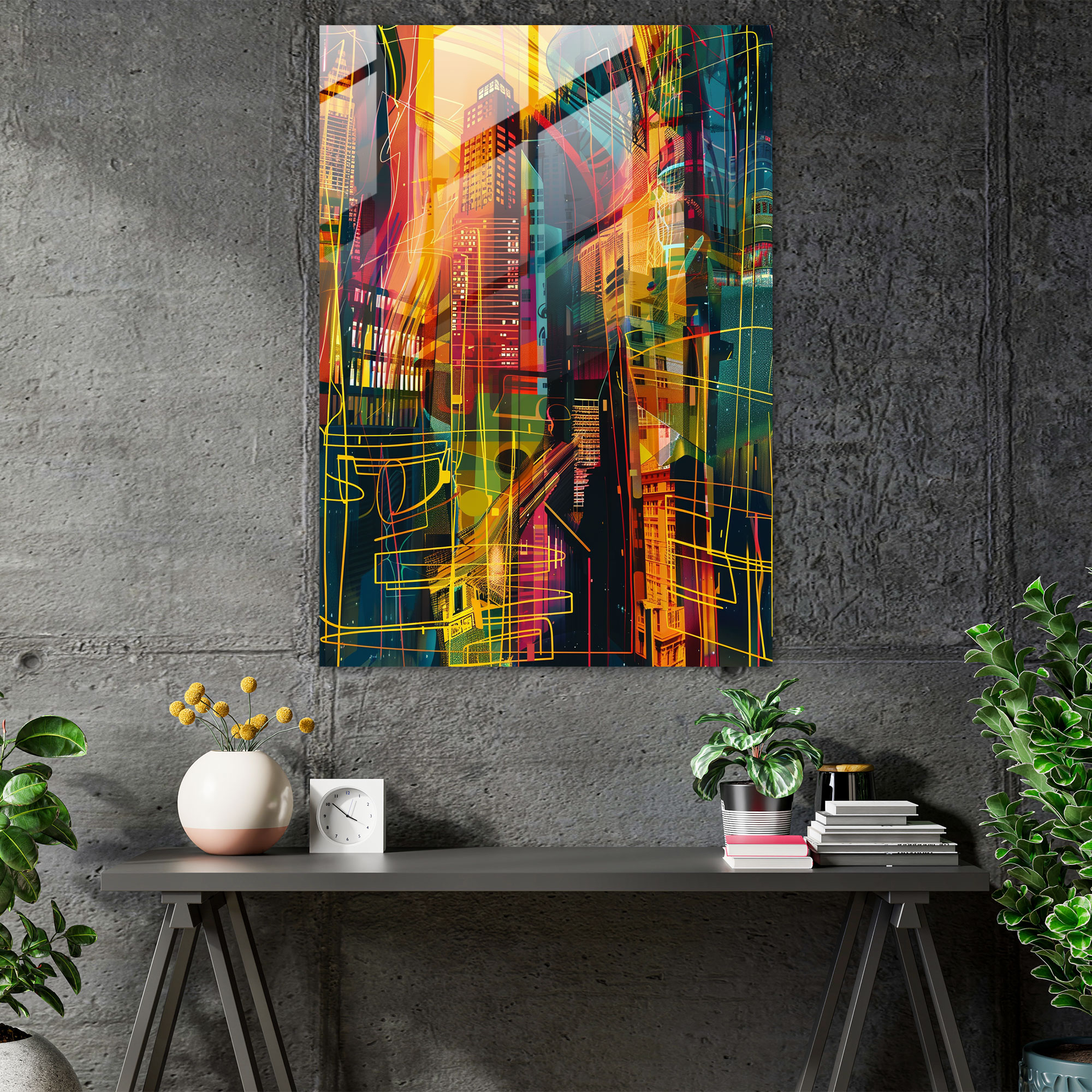 Popart Style Glass Art - Popart, Lines, Glass Print, Abstract Cityscape