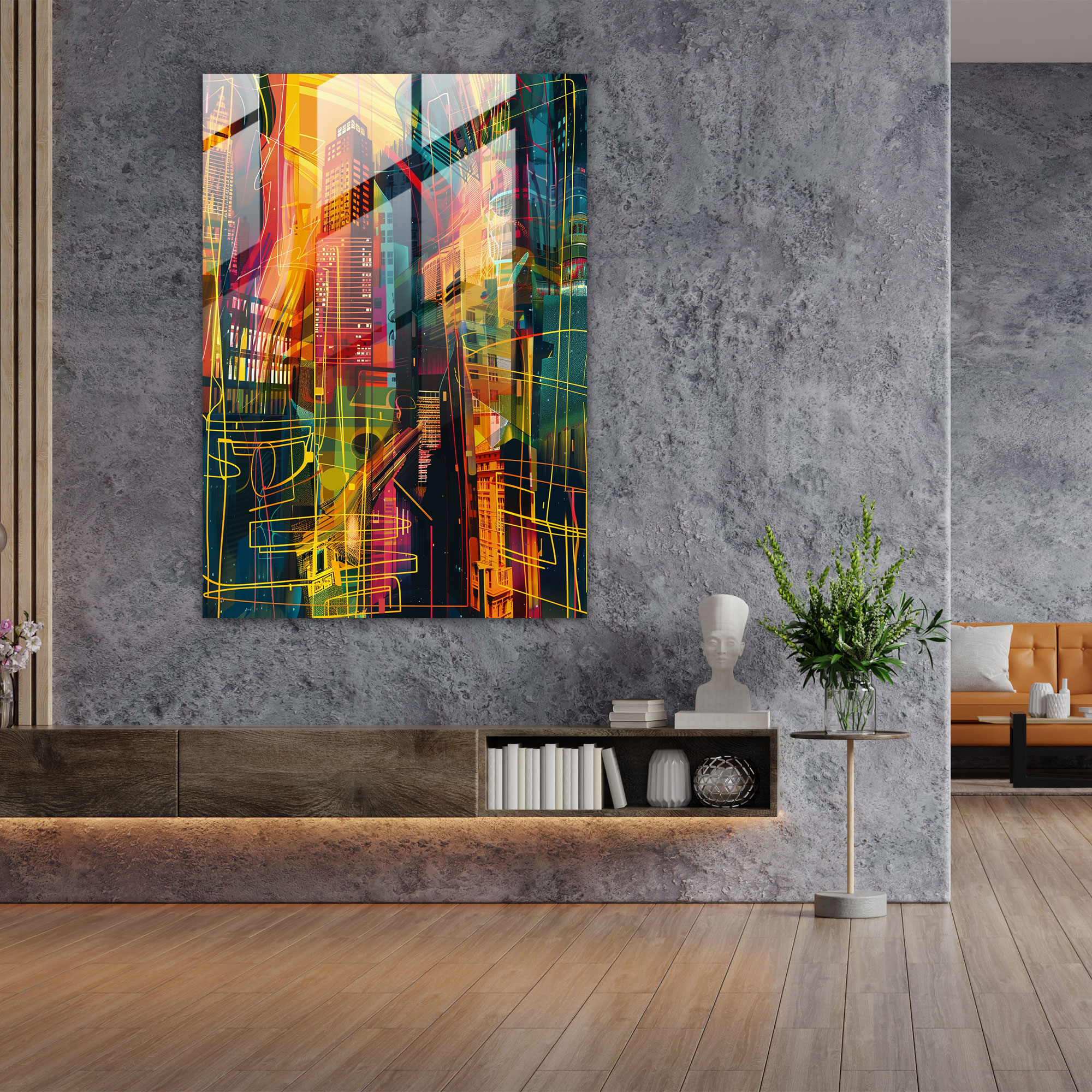 Popart Style Glass Art - Popart, Lines, Glass Print, Abstract Cityscape