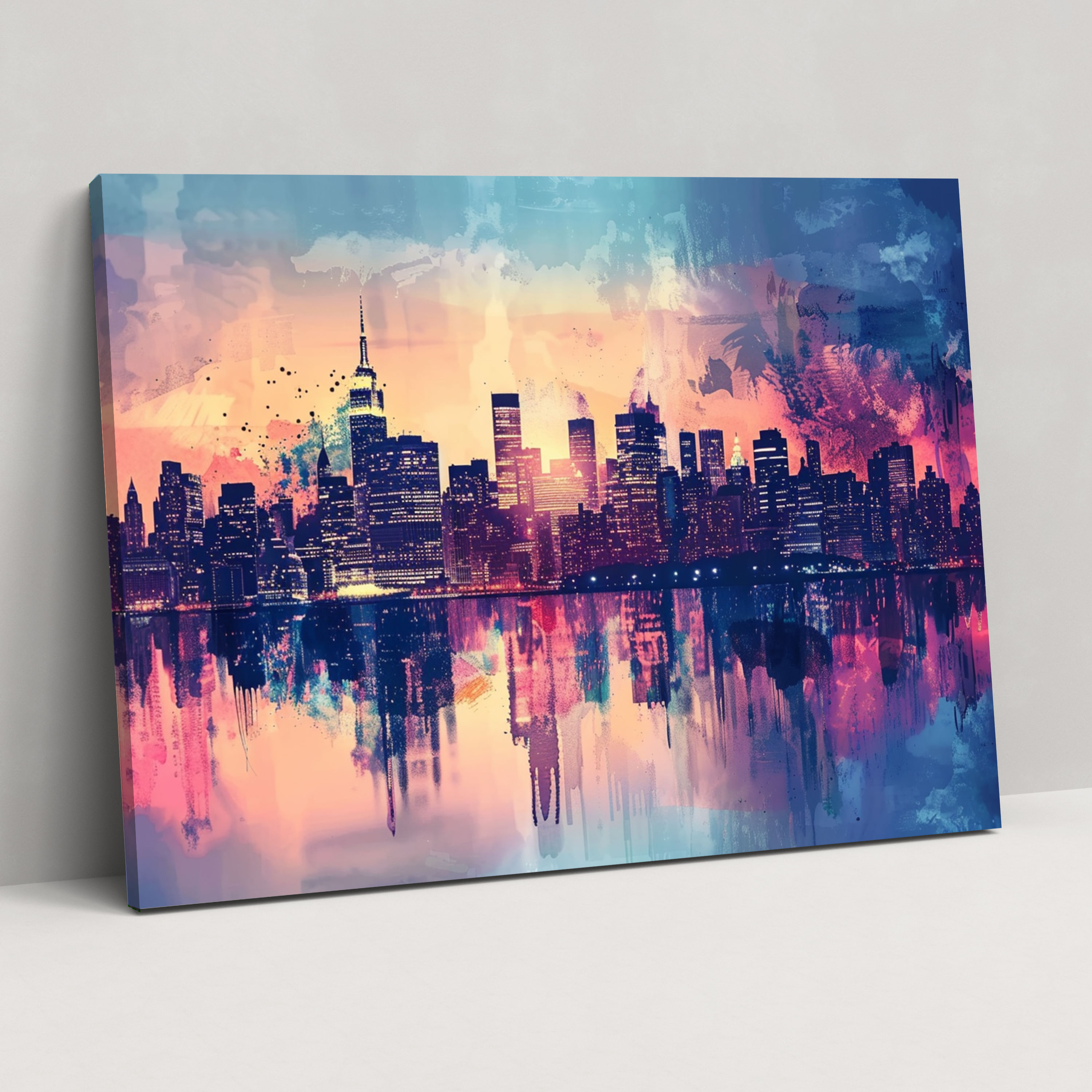 City Skyline Sunset Pointillism Wall Decoration - Pointillism, Wall Decoration, Home Decoration, Wall Art