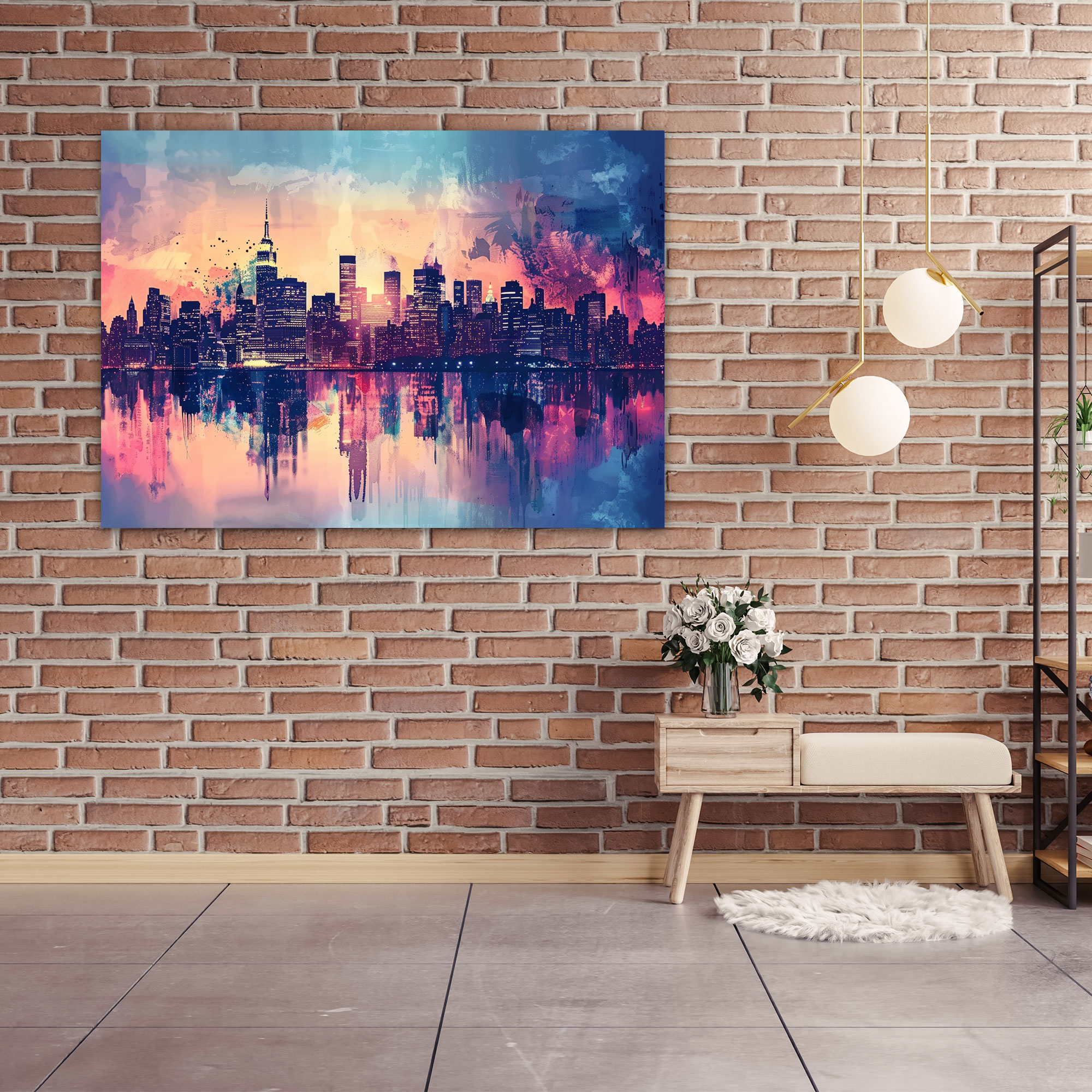 City Skyline Sunset Pointillism Wall Decoration - Pointillism, Wall Decoration, Home Decoration, Wall Art