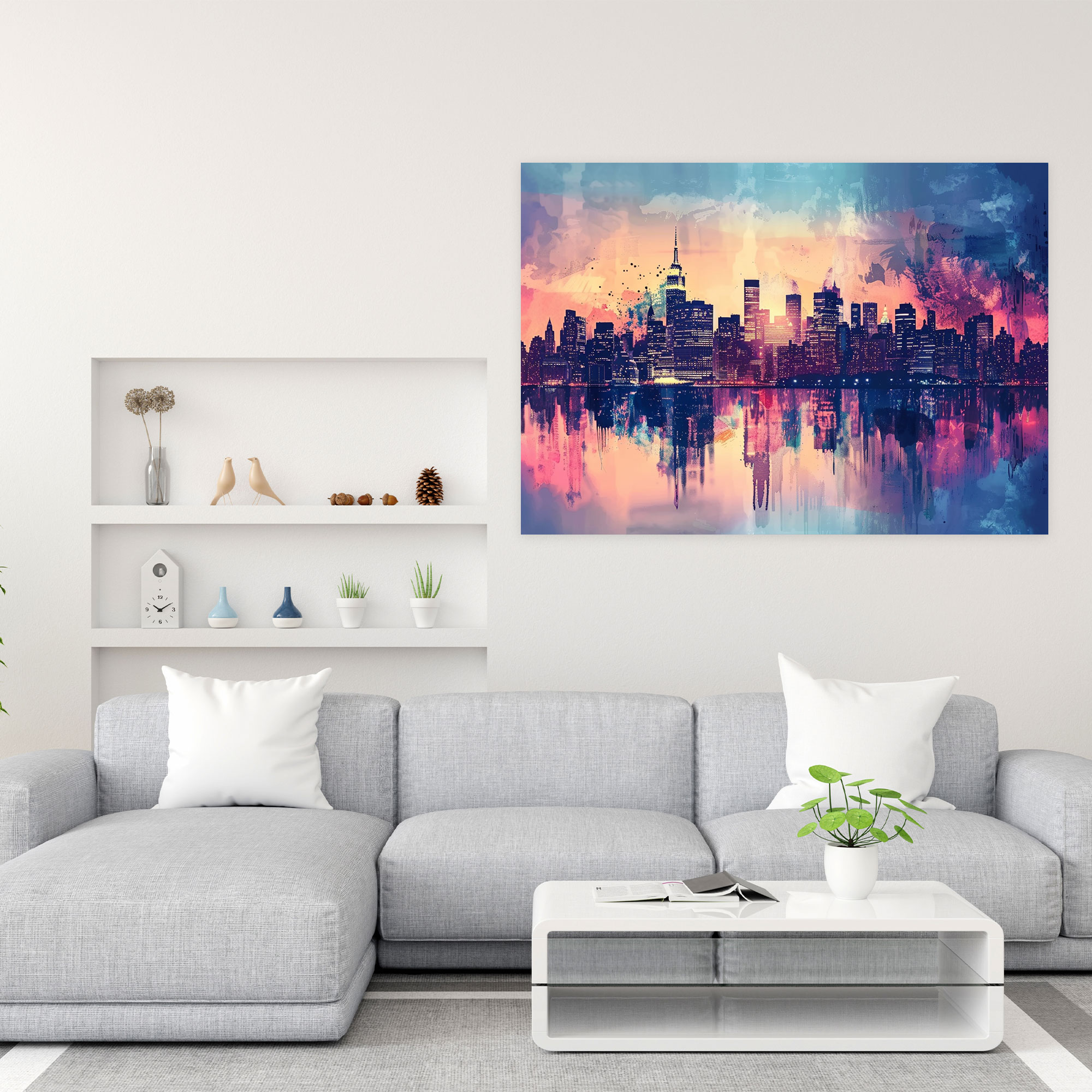 City Skyline Sunset Pointillism Wall Decoration - Pointillism, Wall Decoration, Home Decoration, Wall Art