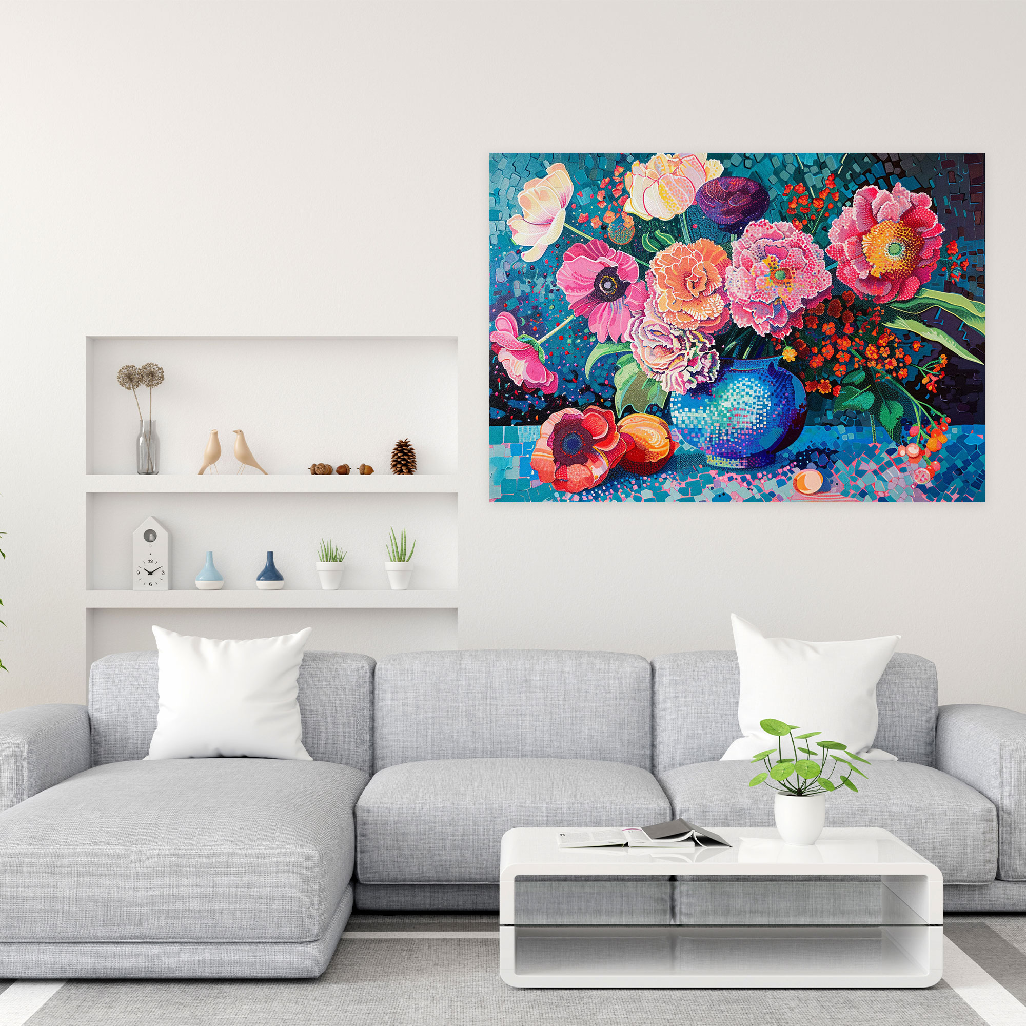 Vibrant Floral Still Life Wall Art - Pointillism, Canvas Wall Art, Pointillism, Home Decoration