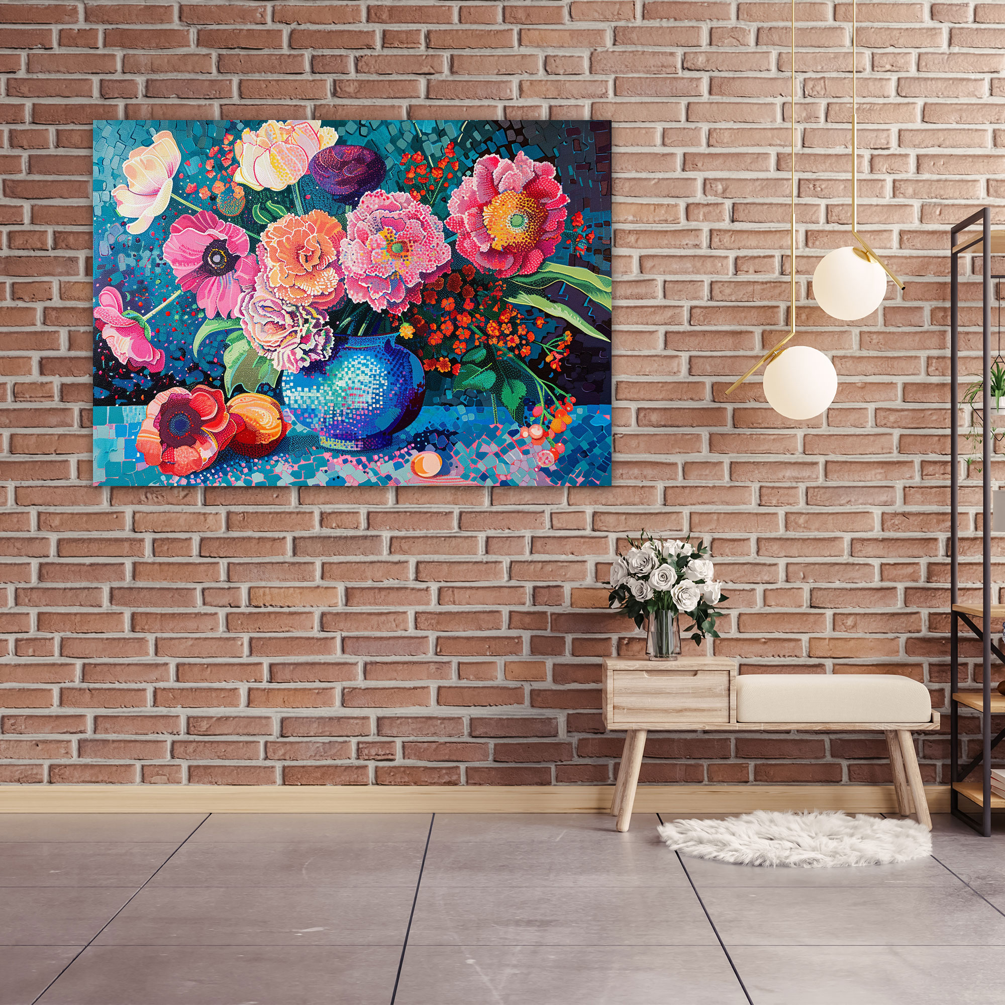 Vibrant Floral Still Life Wall Art - Pointillism, Canvas Wall Art, Pointillism, Home Decoration