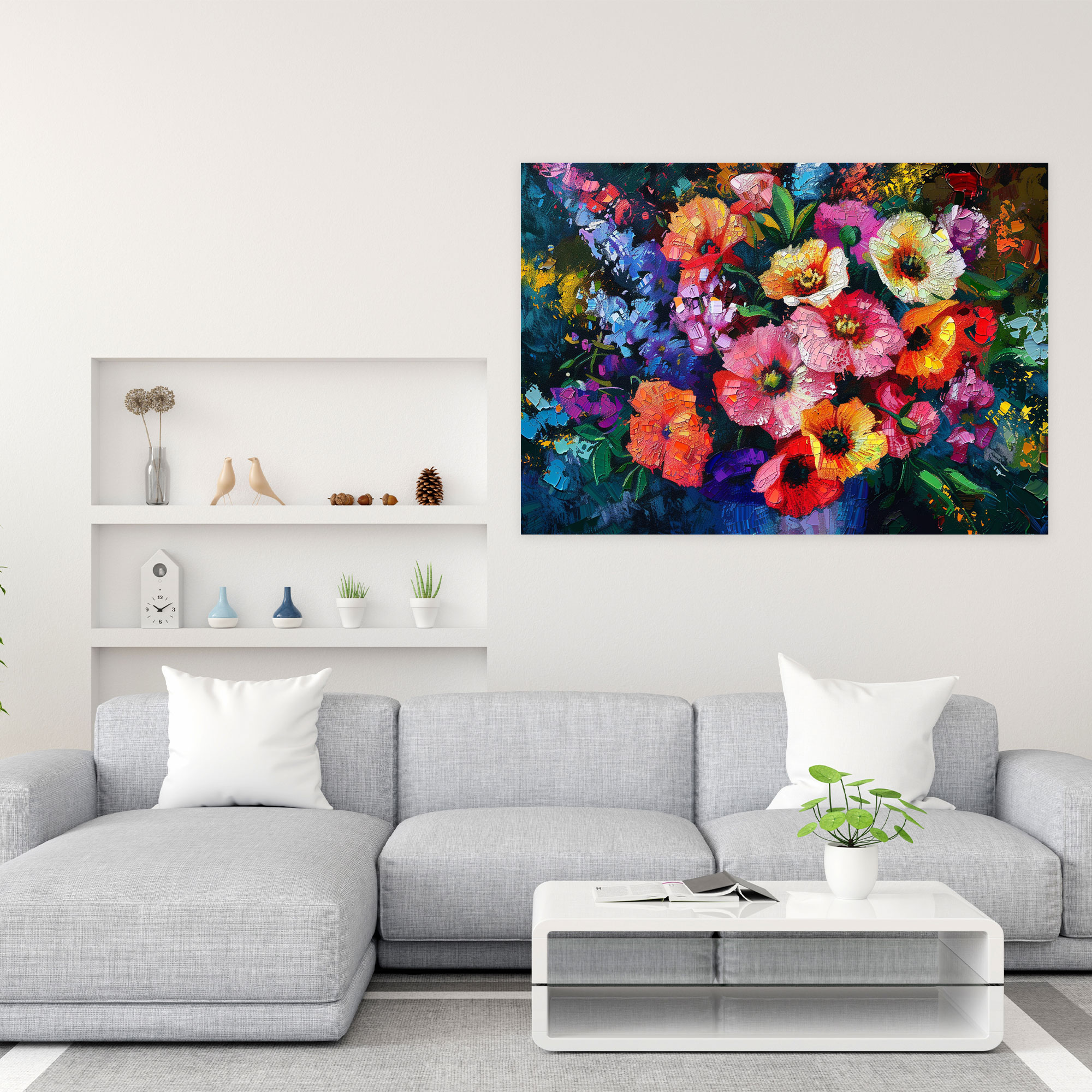 Colorful Floral Bouquet Pointillism Canvas Print - Pointillism, Wall Art, Canvas, Canvas Print