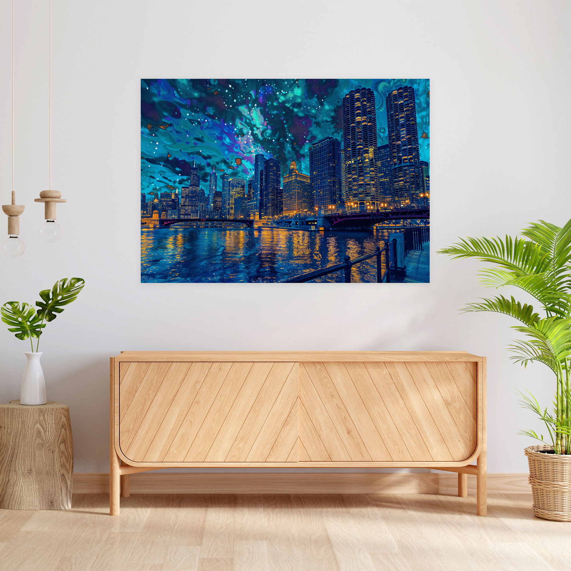 City Skyline Night Pointillism Canvas Print - Pointillism, Pointillism, City Skyline, Wall Art