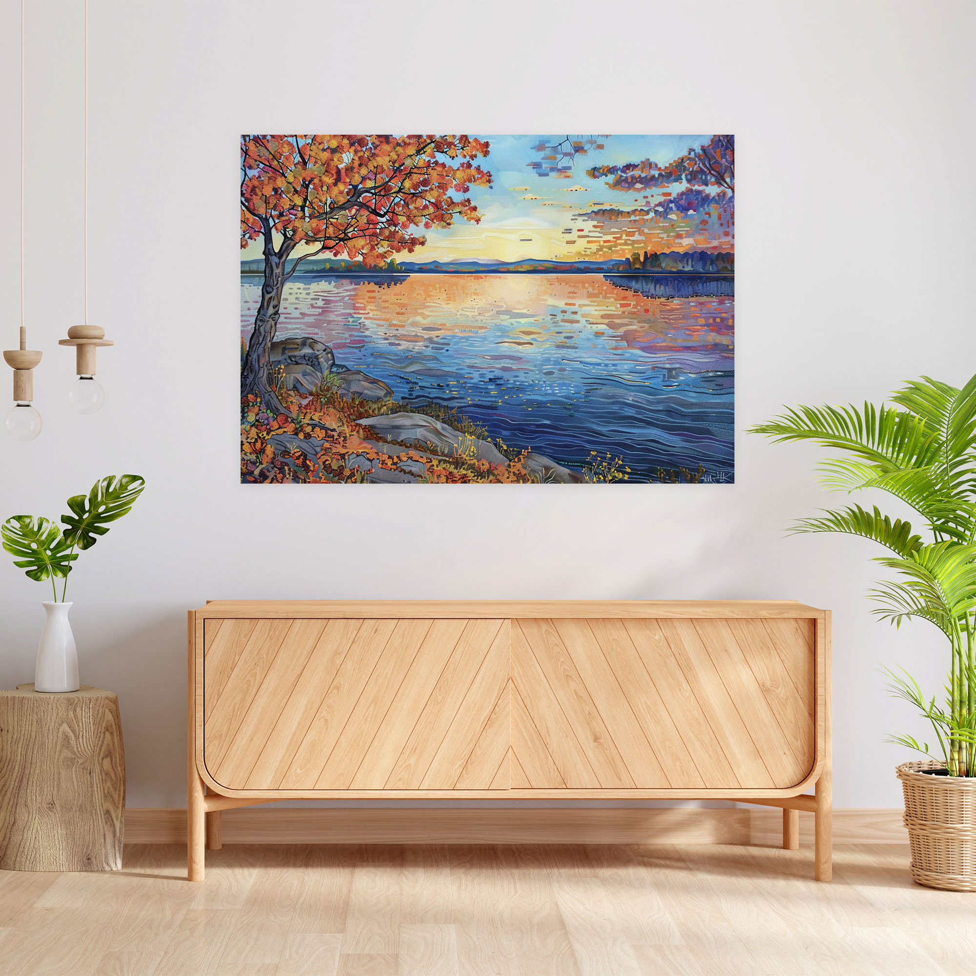 Lakeside Pointillism Wall Art - Pointillism, Serene Lakeside Landscape, Wall Art, Sunset