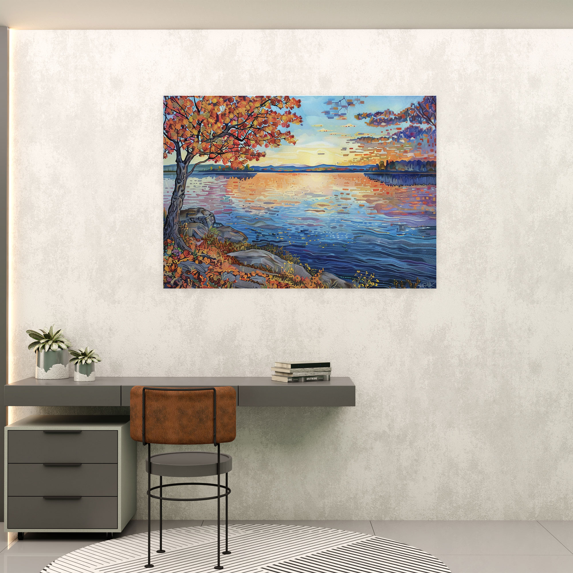 Lakeside Pointillism Wall Art - Pointillism, Serene Lakeside Landscape, Wall Art, Sunset