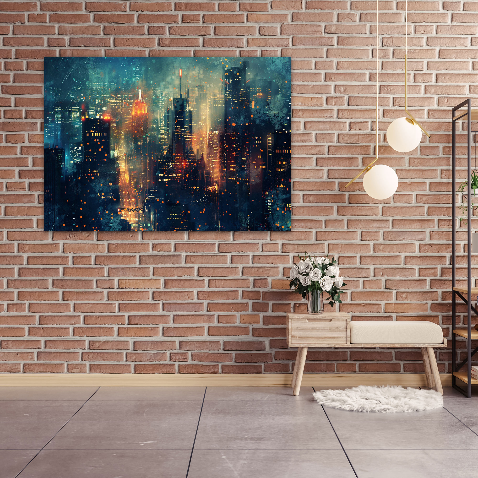 City Skyline Pointillism Wall Art - Pointillism, Night Lights, Dynamic City Skyline, Wall Art