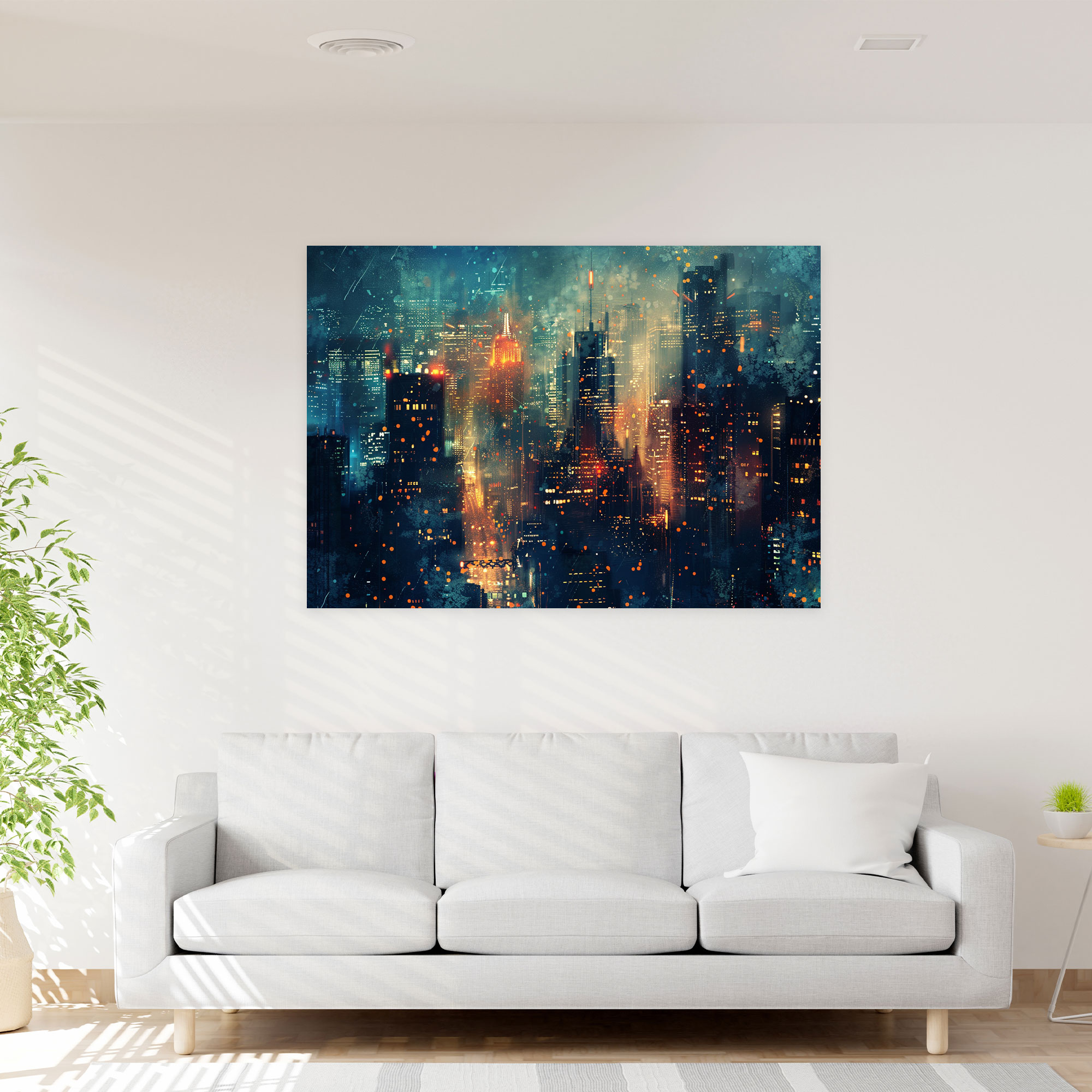 City Skyline Pointillism Wall Art - Pointillism, Night Lights, Dynamic City Skyline, Wall Art
