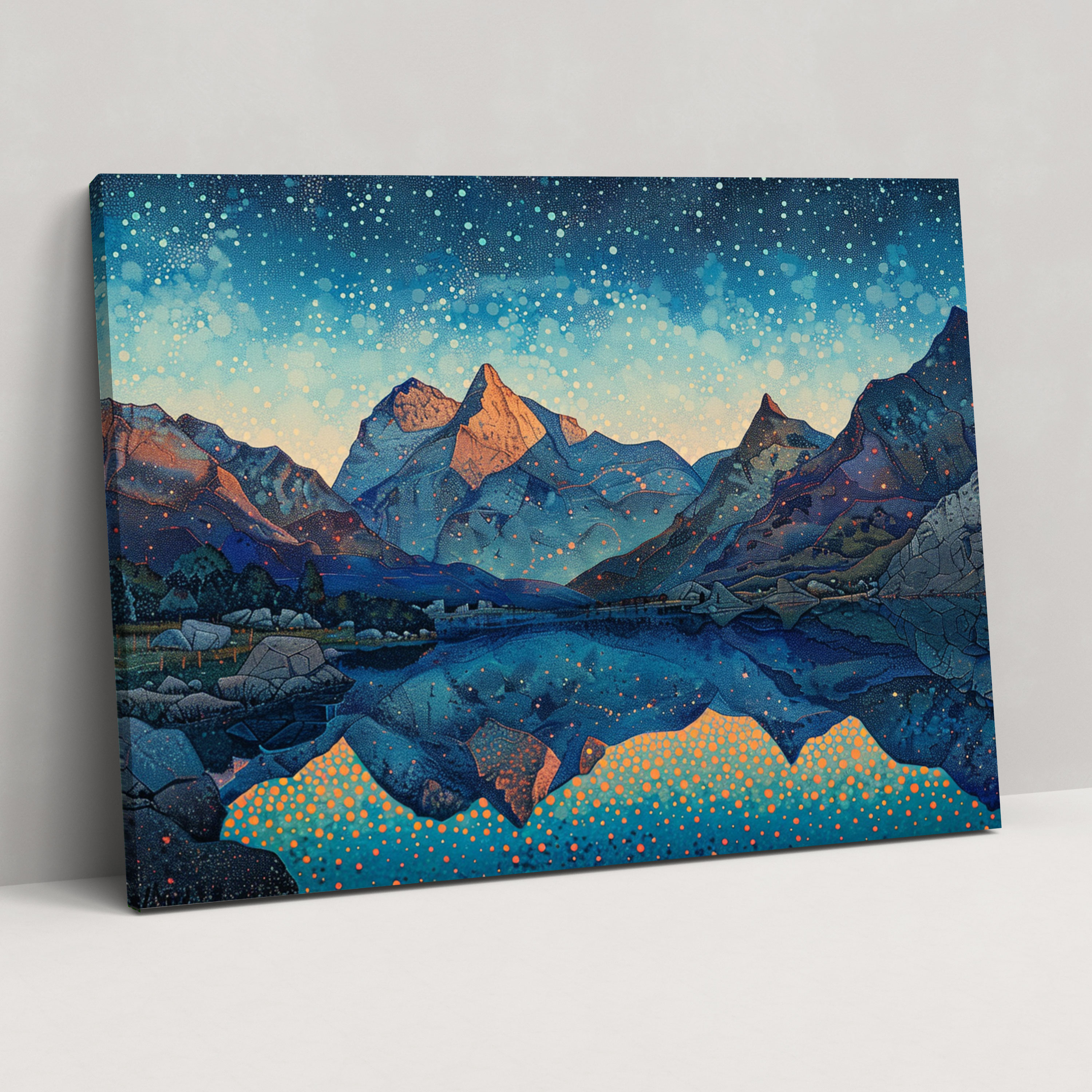 Mountain Landscape Pointillism Wall Decoration - Pointillism, Home Decoration, Mountain Landscape, Dusk
