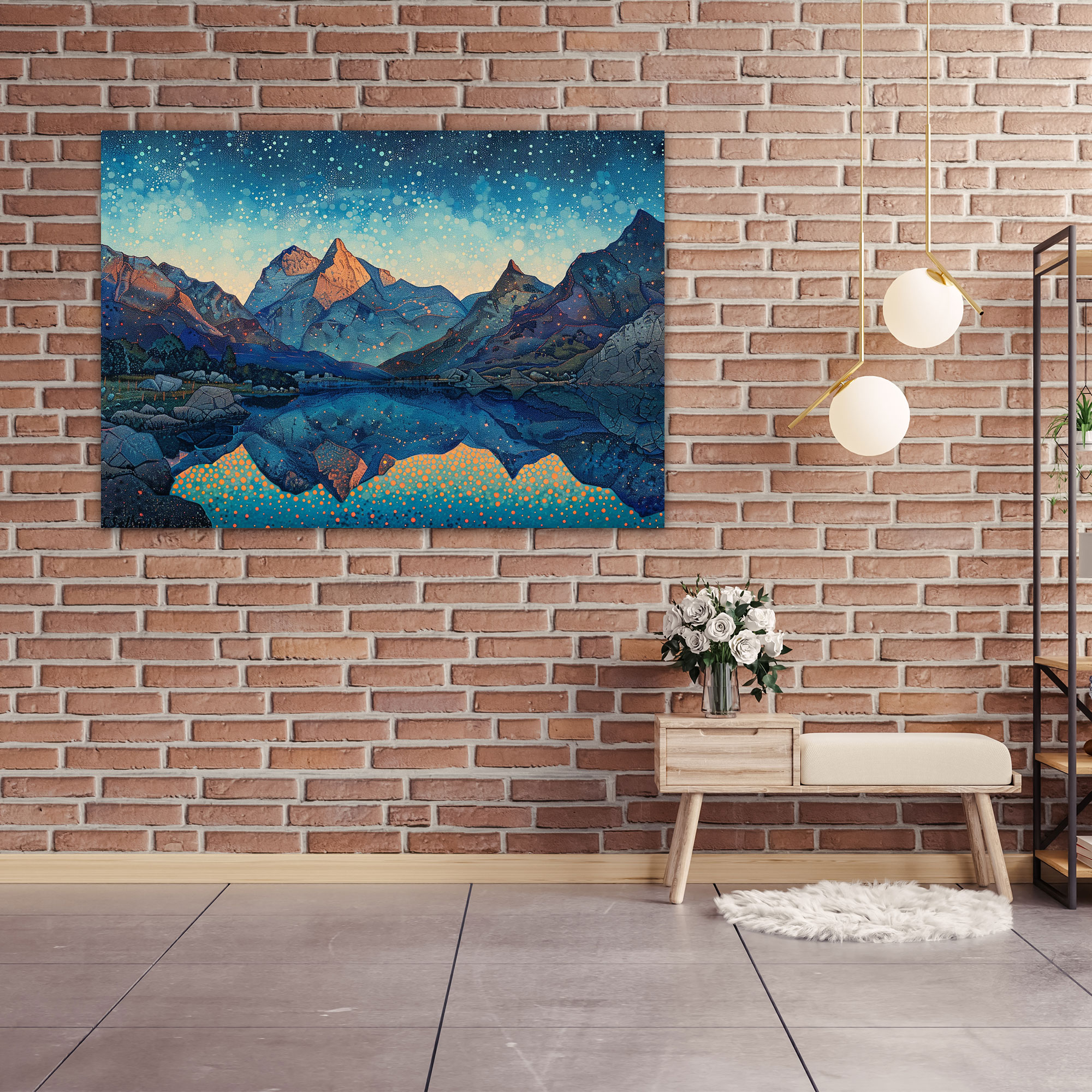Mountain Landscape Pointillism Wall Decoration - Pointillism, Home Decoration, Mountain Landscape, Dusk