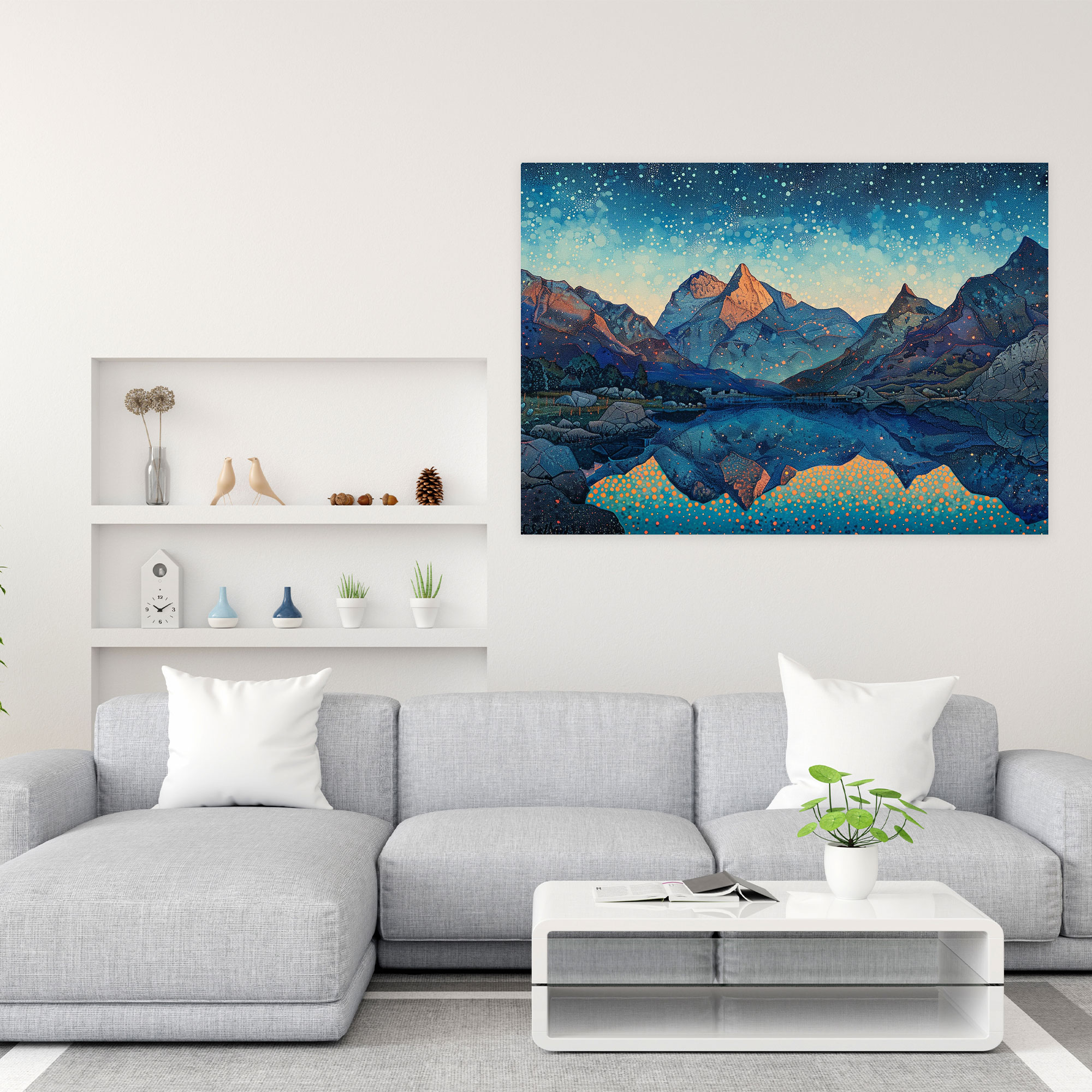 Mountain Landscape Pointillism Wall Decoration - Pointillism, Home Decoration, Mountain Landscape, Dusk