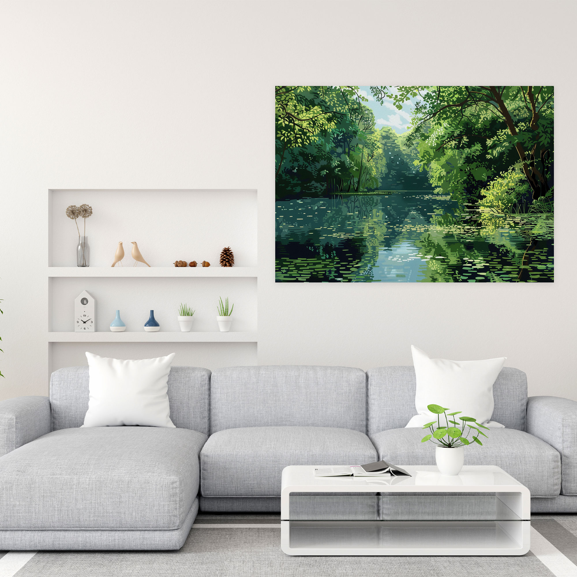 Tranquil Lake Pointillism Wall Decoration - Pointillism, Canvas, Canvas Print, Wall Art