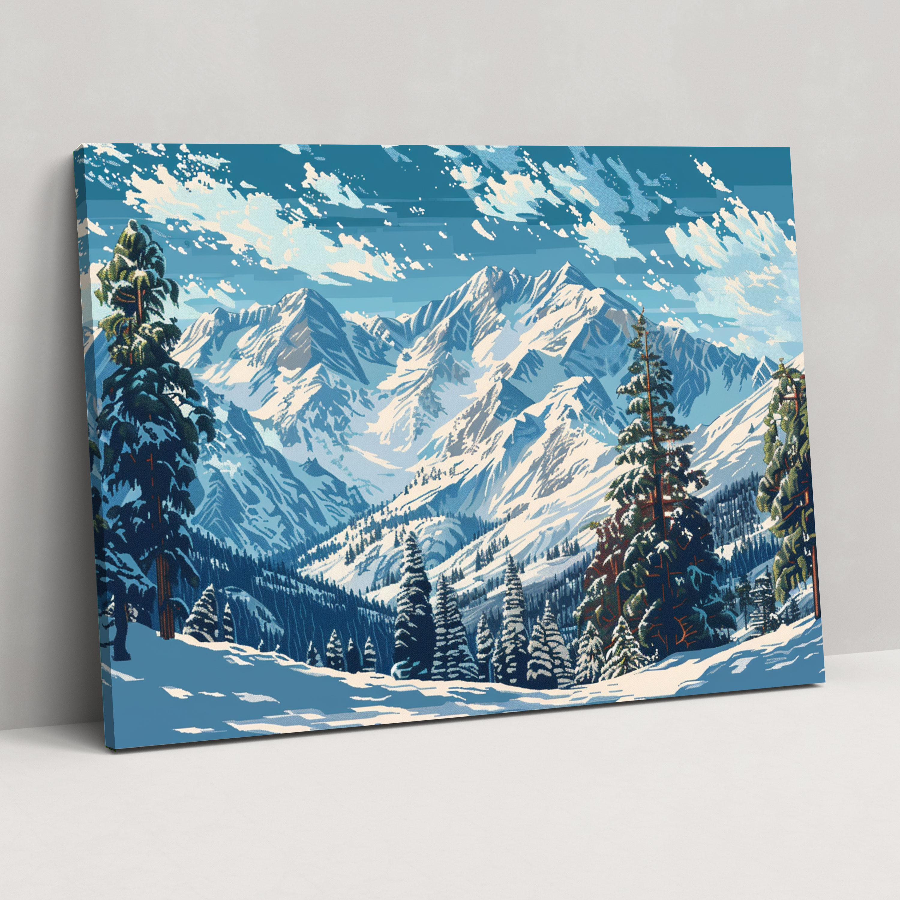 Snowy Mountains Pointillism Canvas Print - Pointillism, Pointillism, Canvas Wall Art, Home Decoration