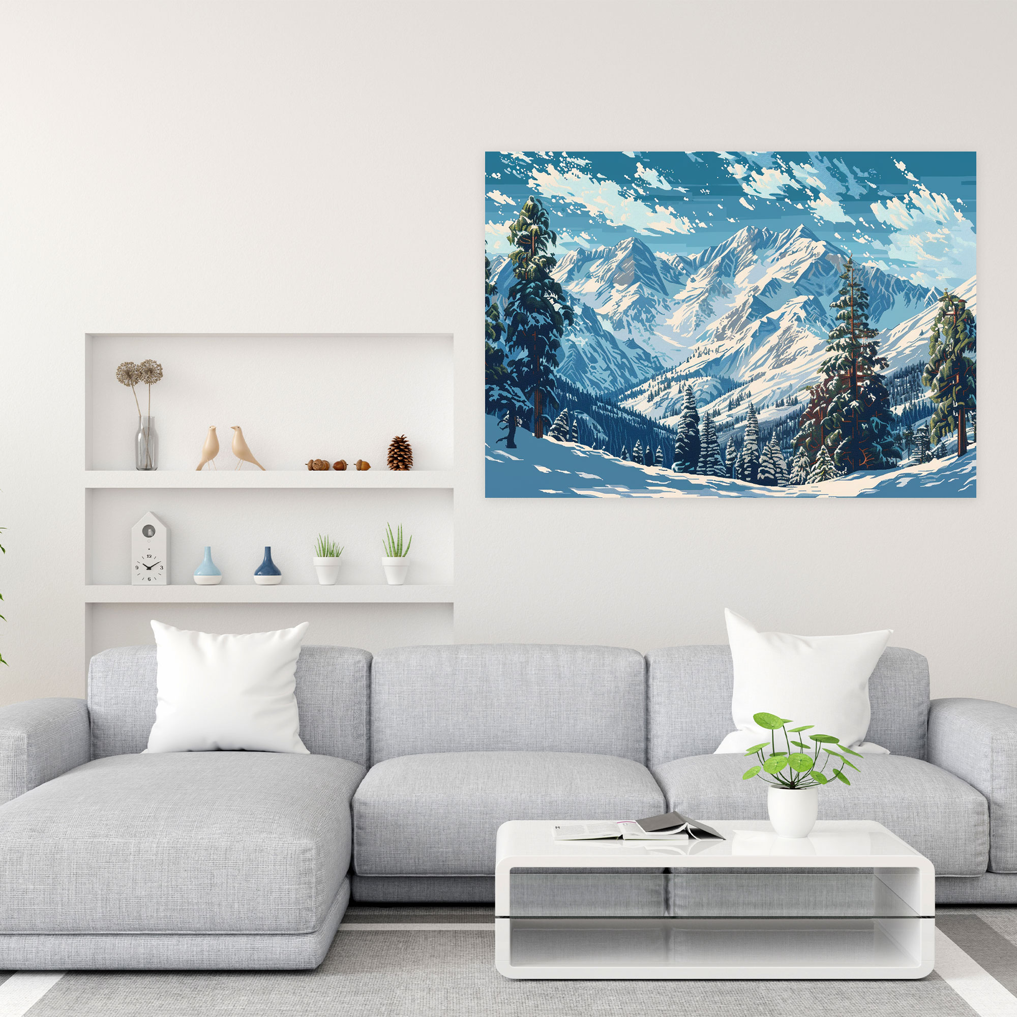 Snowy Mountains Pointillism Canvas Print - Pointillism, Pointillism, Canvas Wall Art, Home Decoration