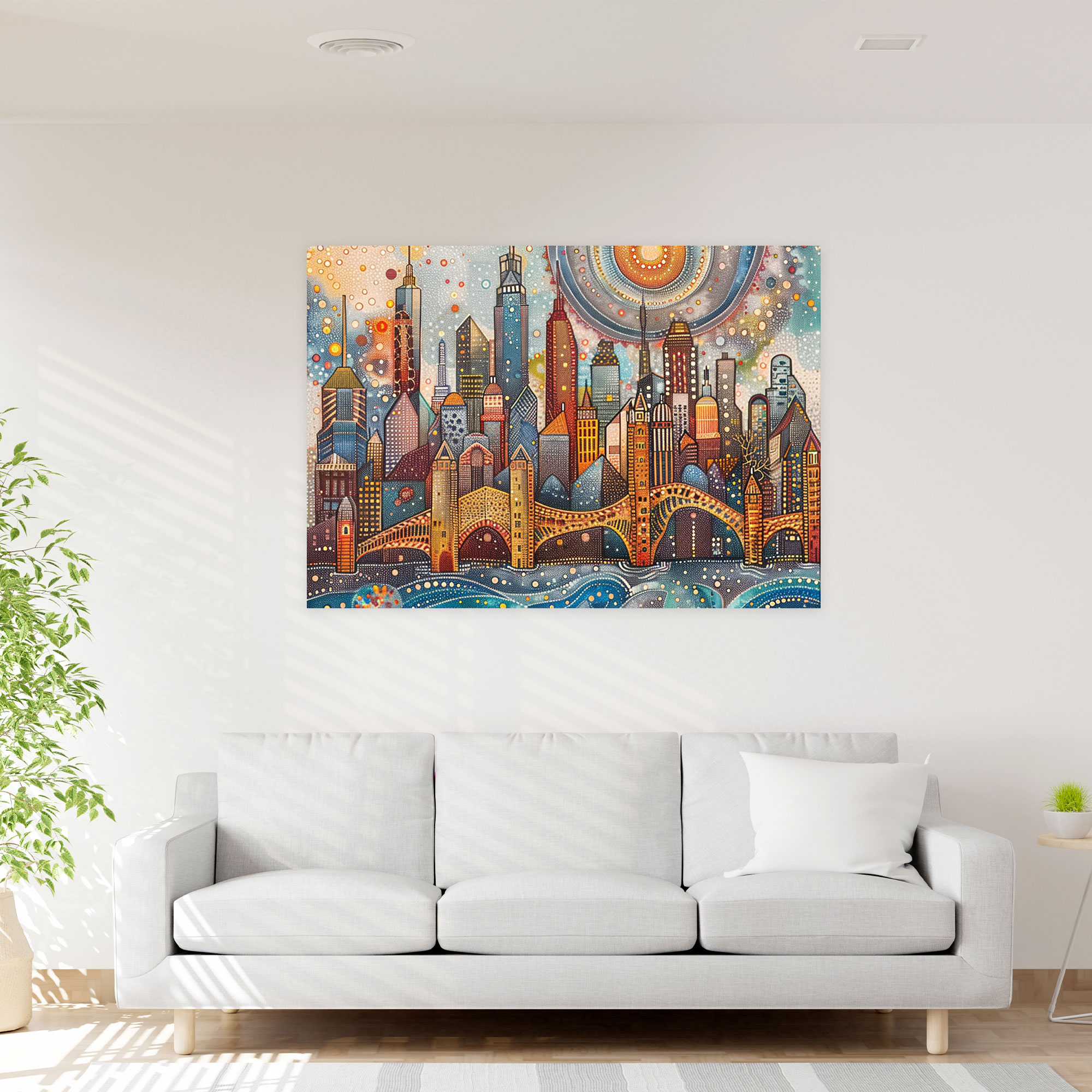 City Skyline Pointillism Canvas Print Wall Art - Pointillism, Canvas, Wall Decoration, Wall Art