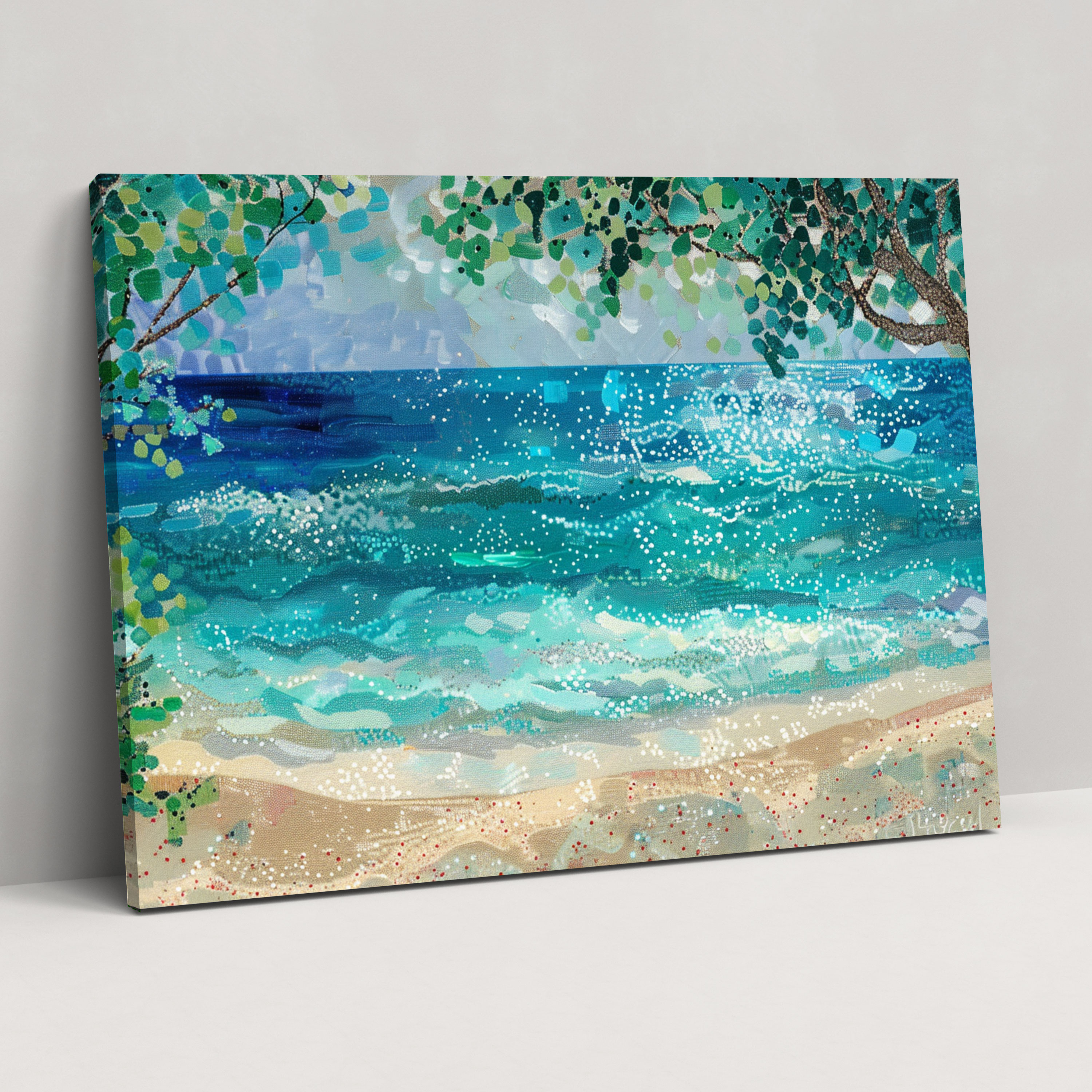 Relaxing Beach Pointillism Wall Decoration - Pointillism, Canvas, Wall Decoration, Home Decoration