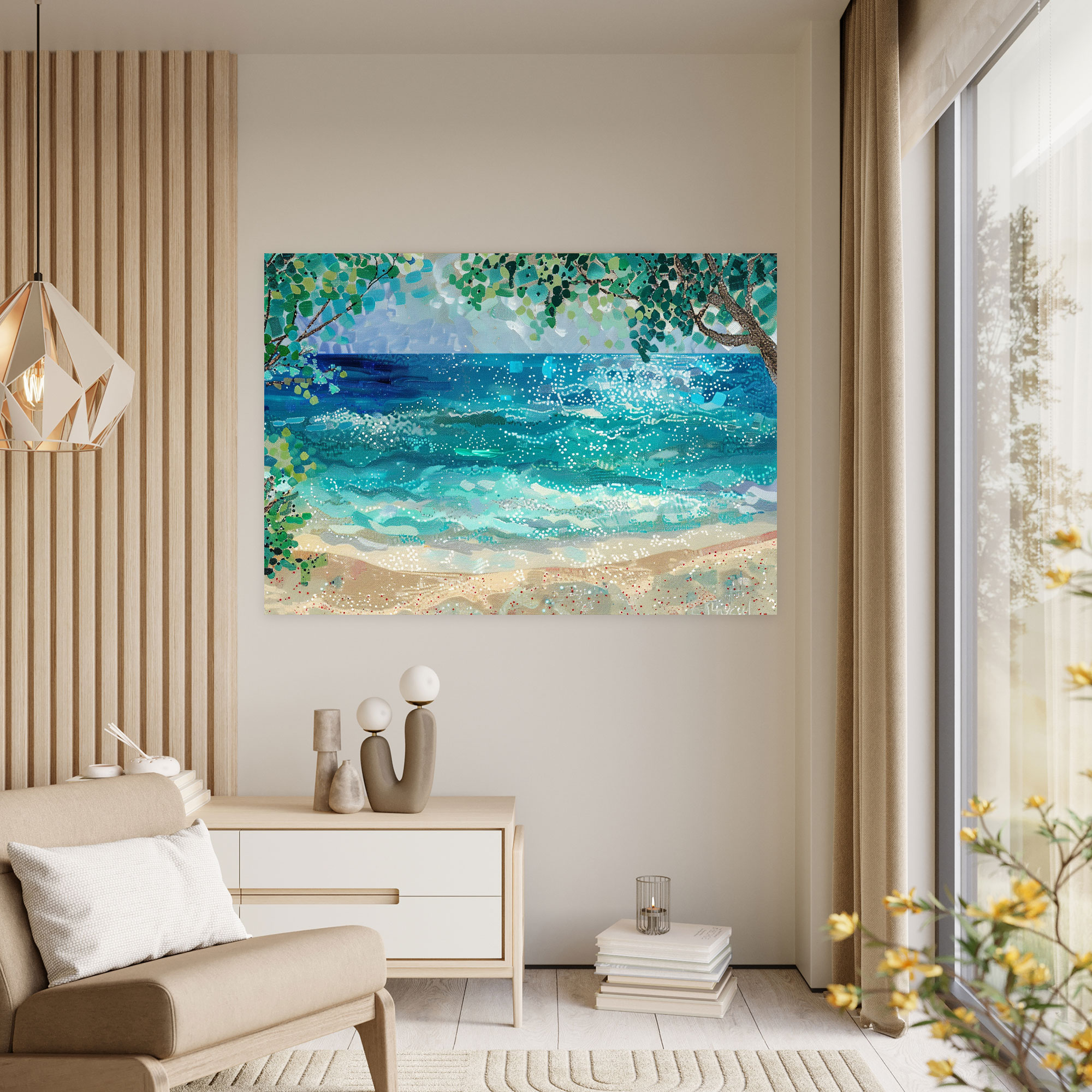 Relaxing Beach Pointillism Wall Decoration - Pointillism, Canvas, Wall Decoration, Home Decoration