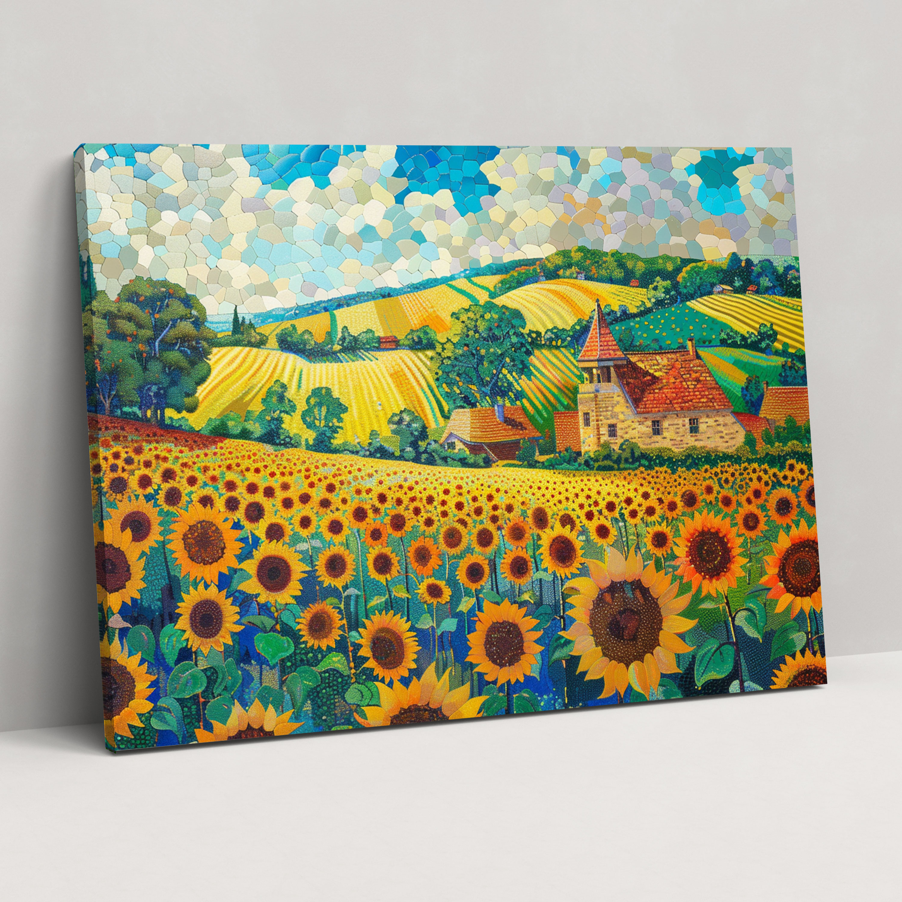 Charming Sunflowers Field Pointillism Canvas Print - Pointillism, Wall Decoration, Canvas Print, Home Decoration