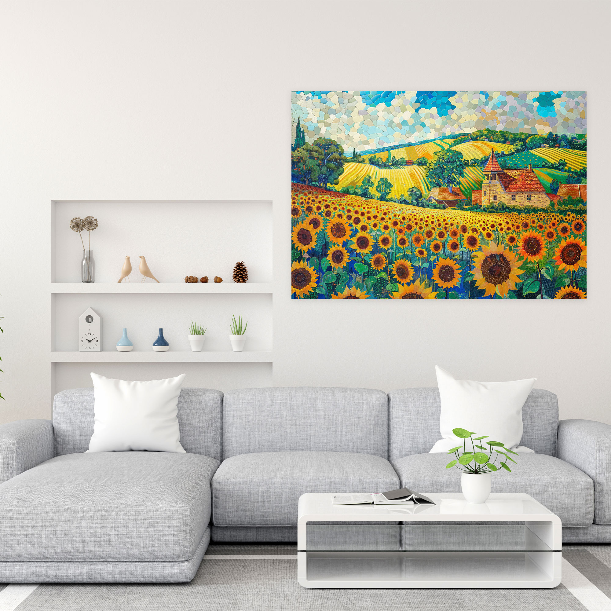 Charming Sunflowers Field Pointillism Canvas Print - Pointillism, Wall Decoration, Canvas Print, Home Decoration