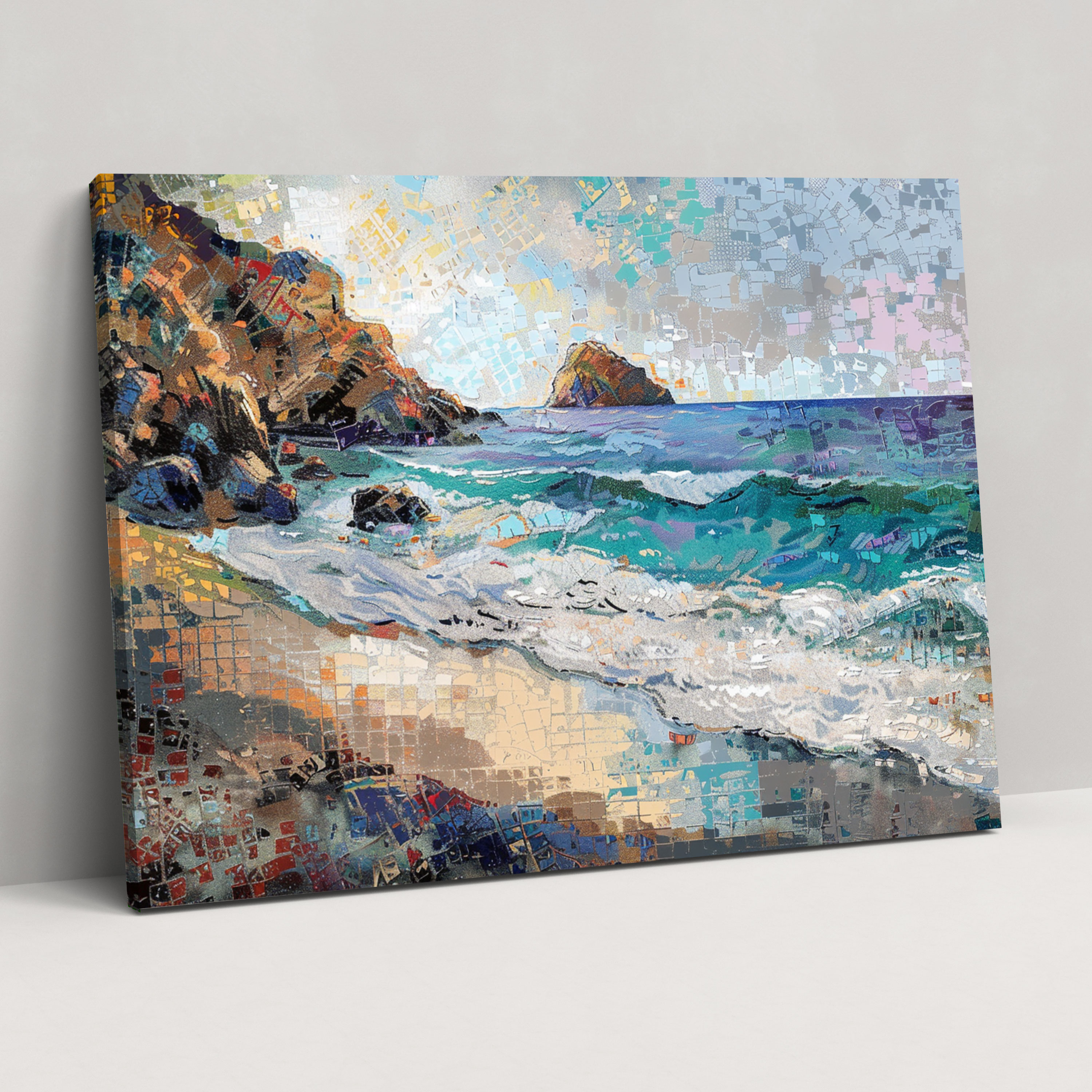 Tranquil Seascape Pointillism Canvas Print - Pointillism, Canvas Wall Art, Canvas Print, Wall Decoration
